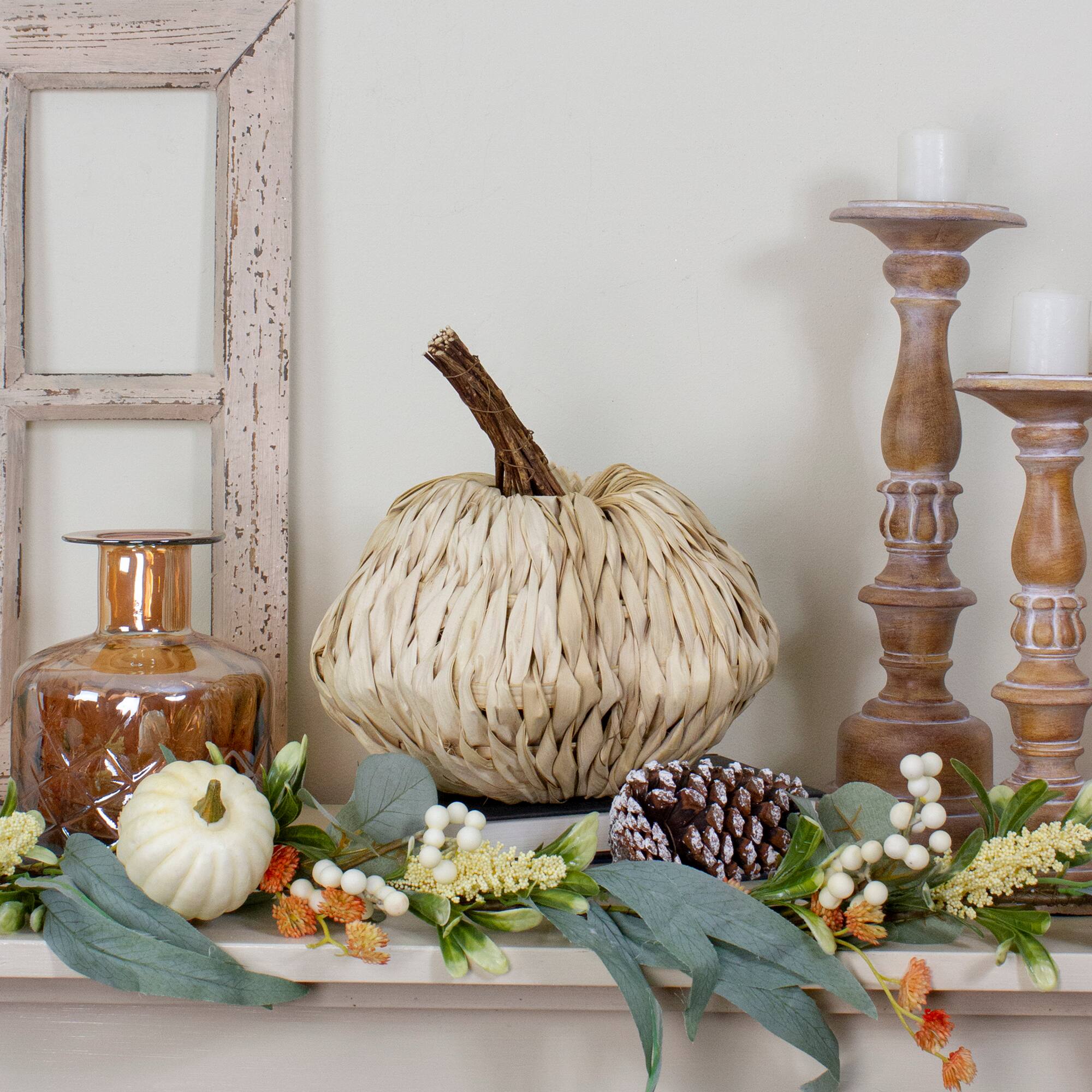 10" White & Brown Woven Pumpkin Décor