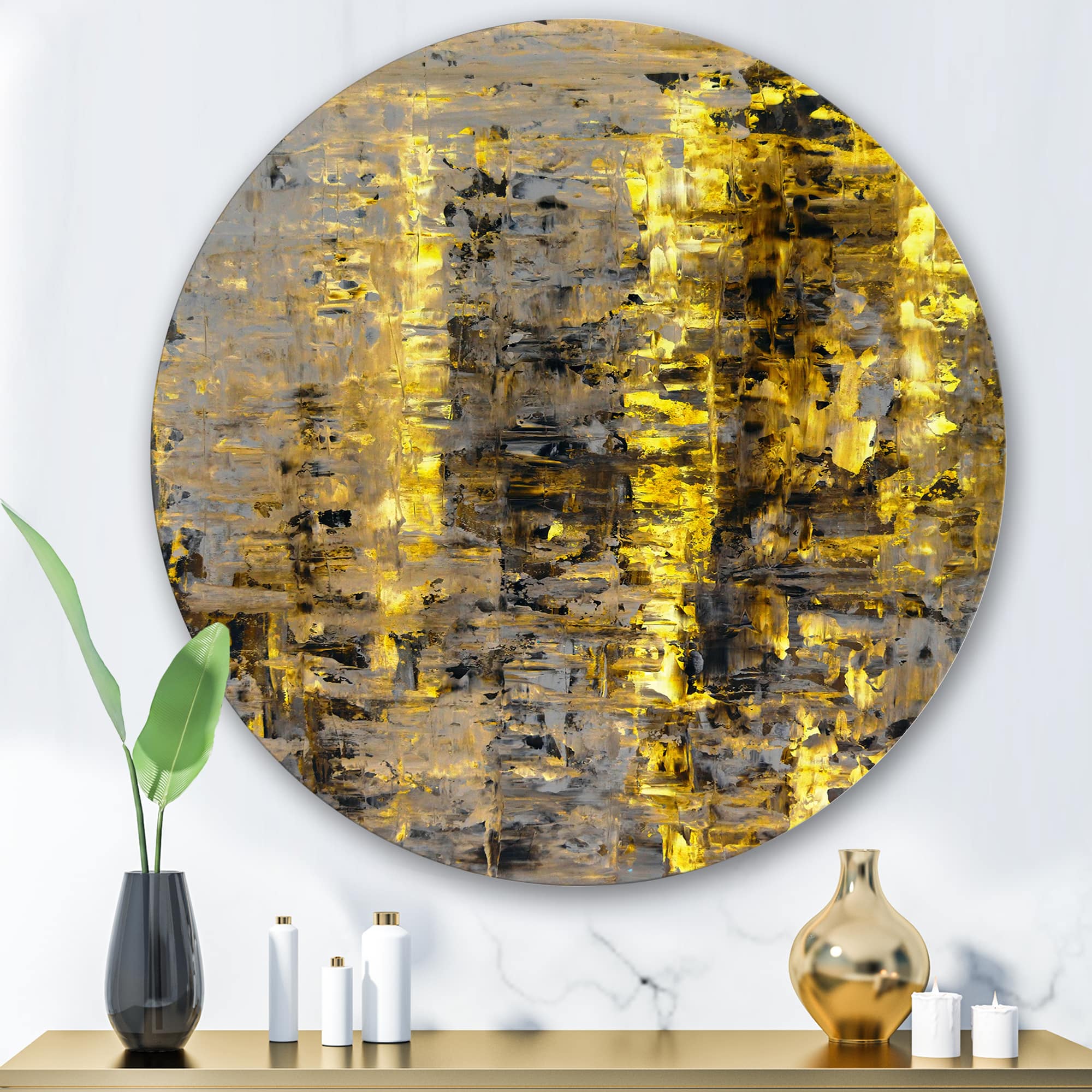 Designart - Yellow Meets Grey Abstract Art II - Modern Metal Circle Wall Art