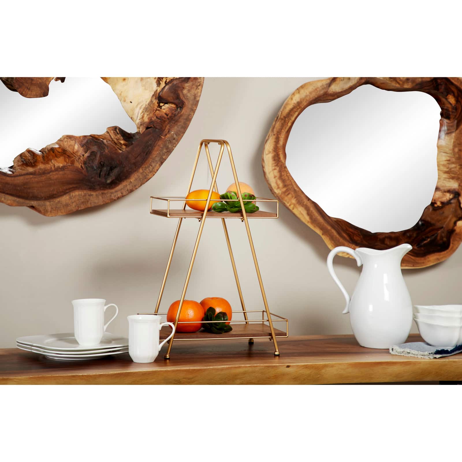 22&#x22; Brown Wood &#x26; Iron 2-Tier Tray Stand