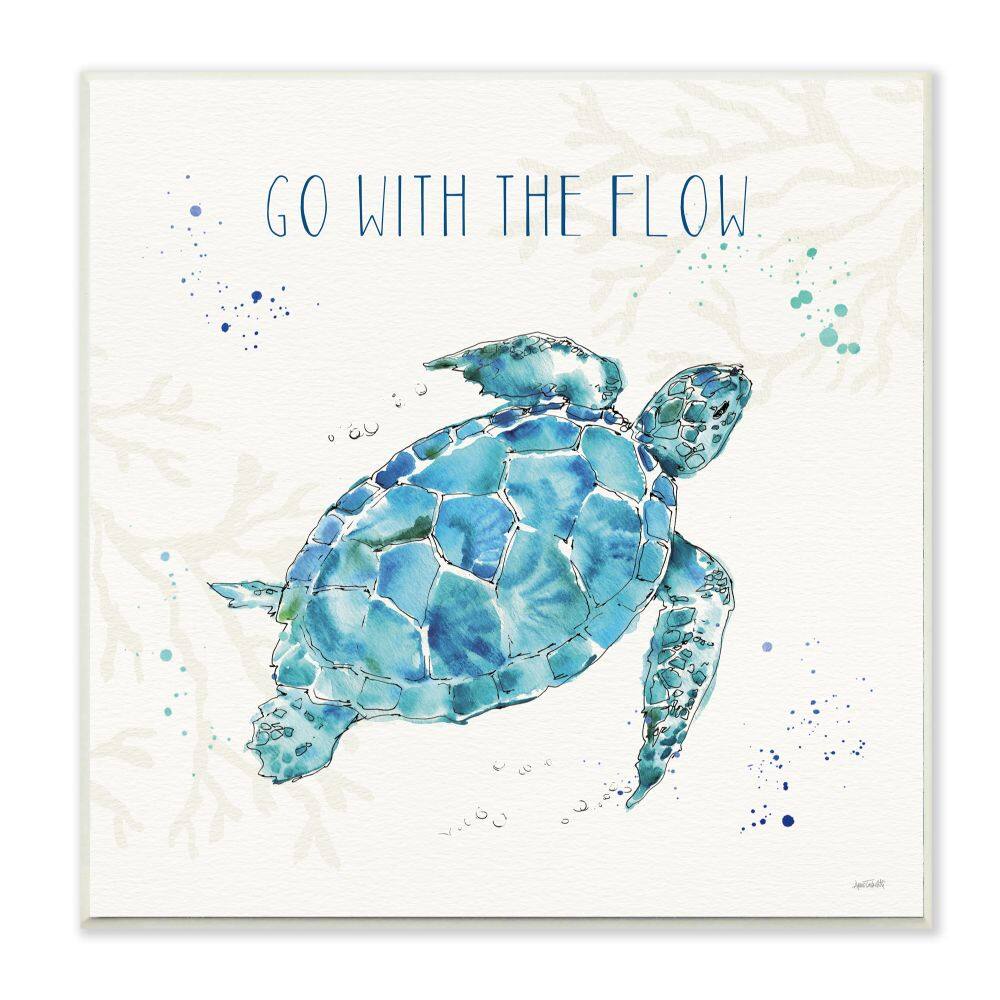 Stupell Industries Go with the Flow Quote Turtle Tortoise Blue Green Watercolor,12" x 12"