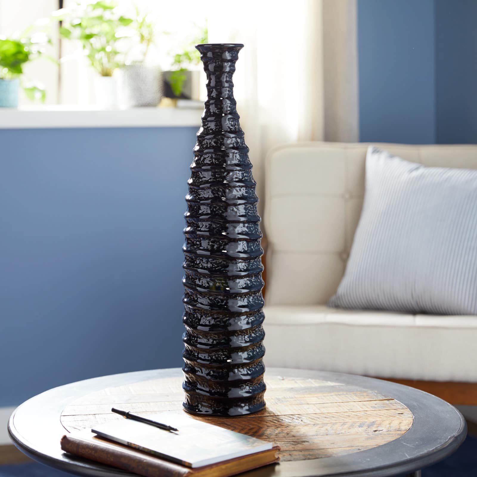 24&#x22; Black Stoneware Traditional Vase