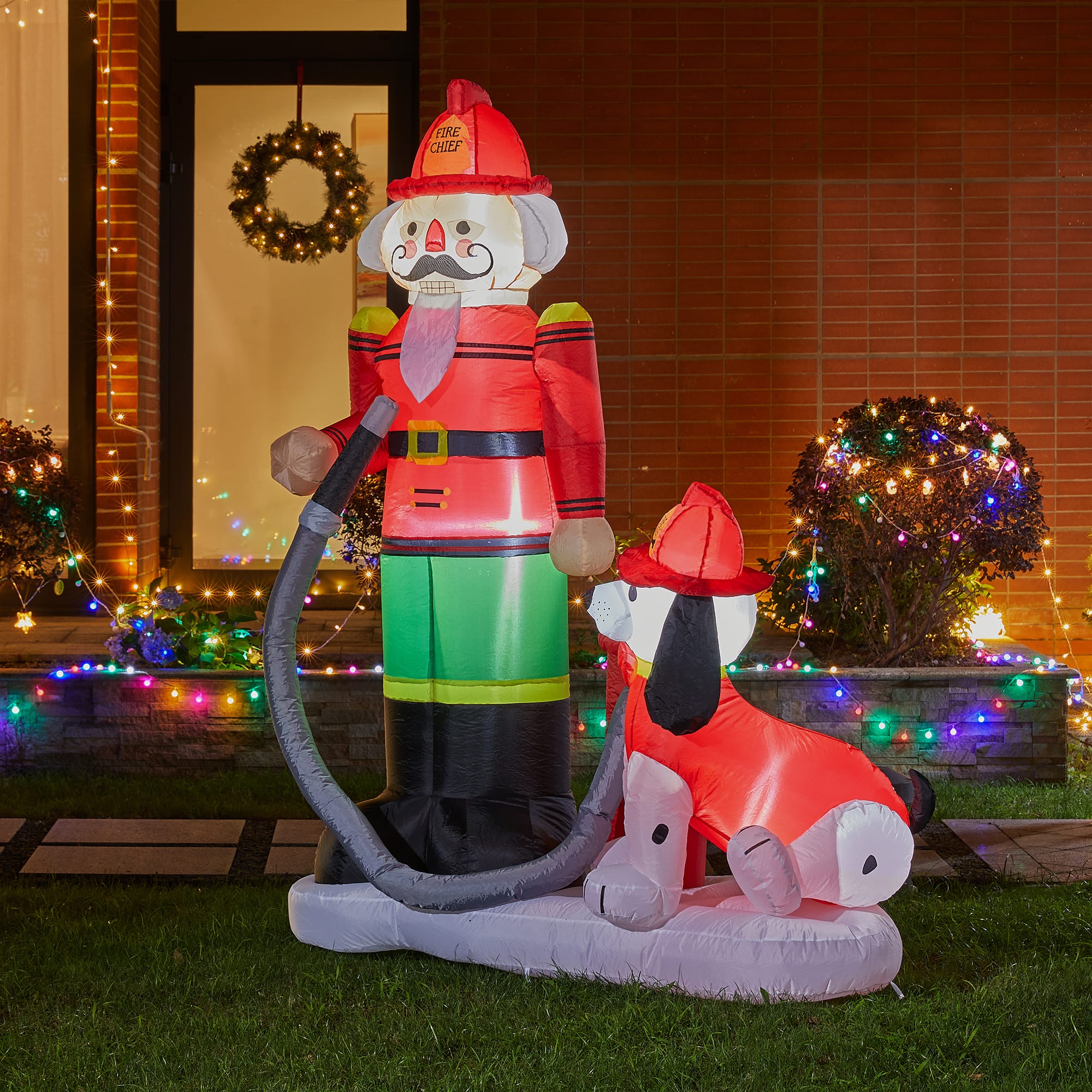 Glitzhome&#xAE; 7ft. Inflatable Fire Fighter &#x26; Puppy Dog With Lights