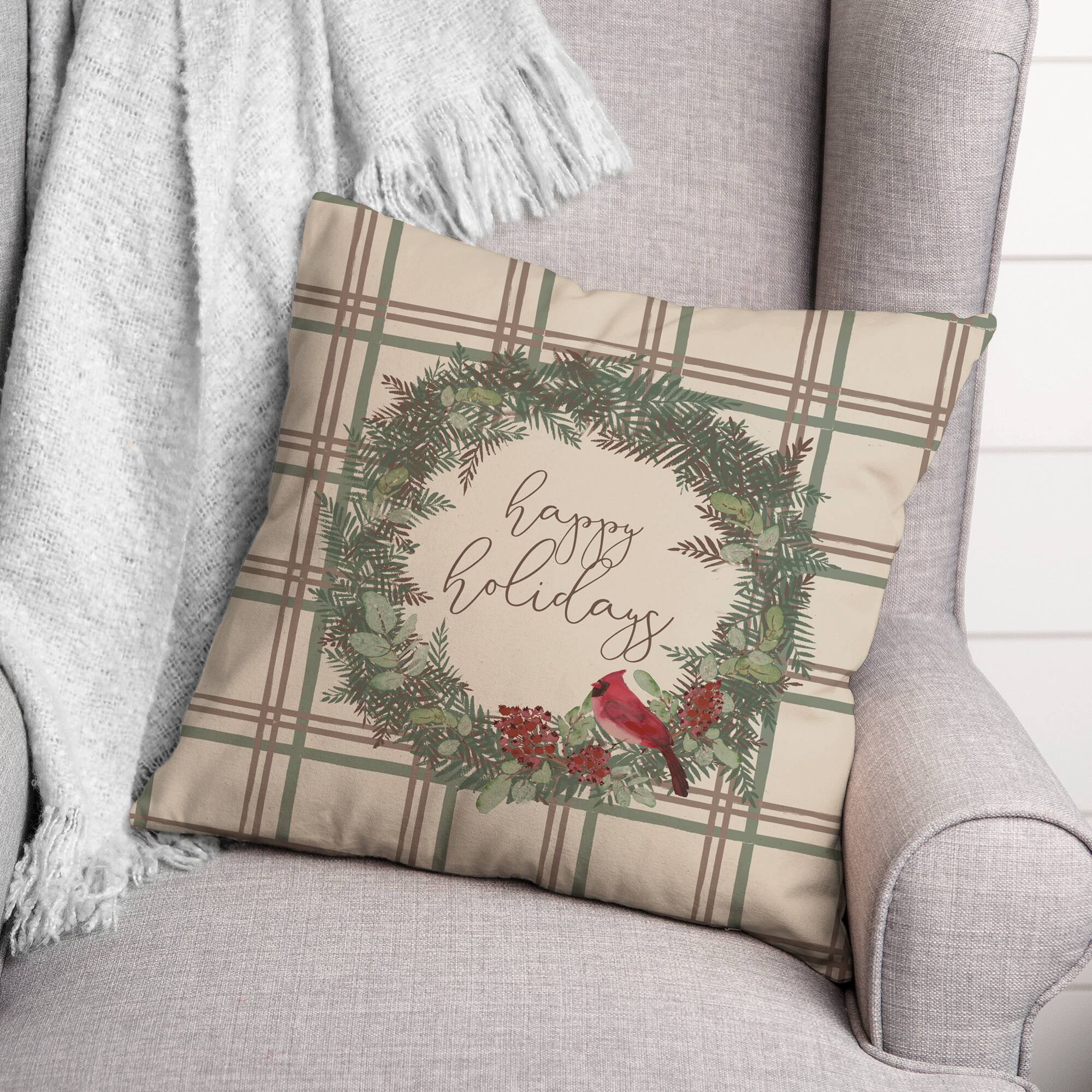 Happy Holidays Plaid Square Throw Pillow