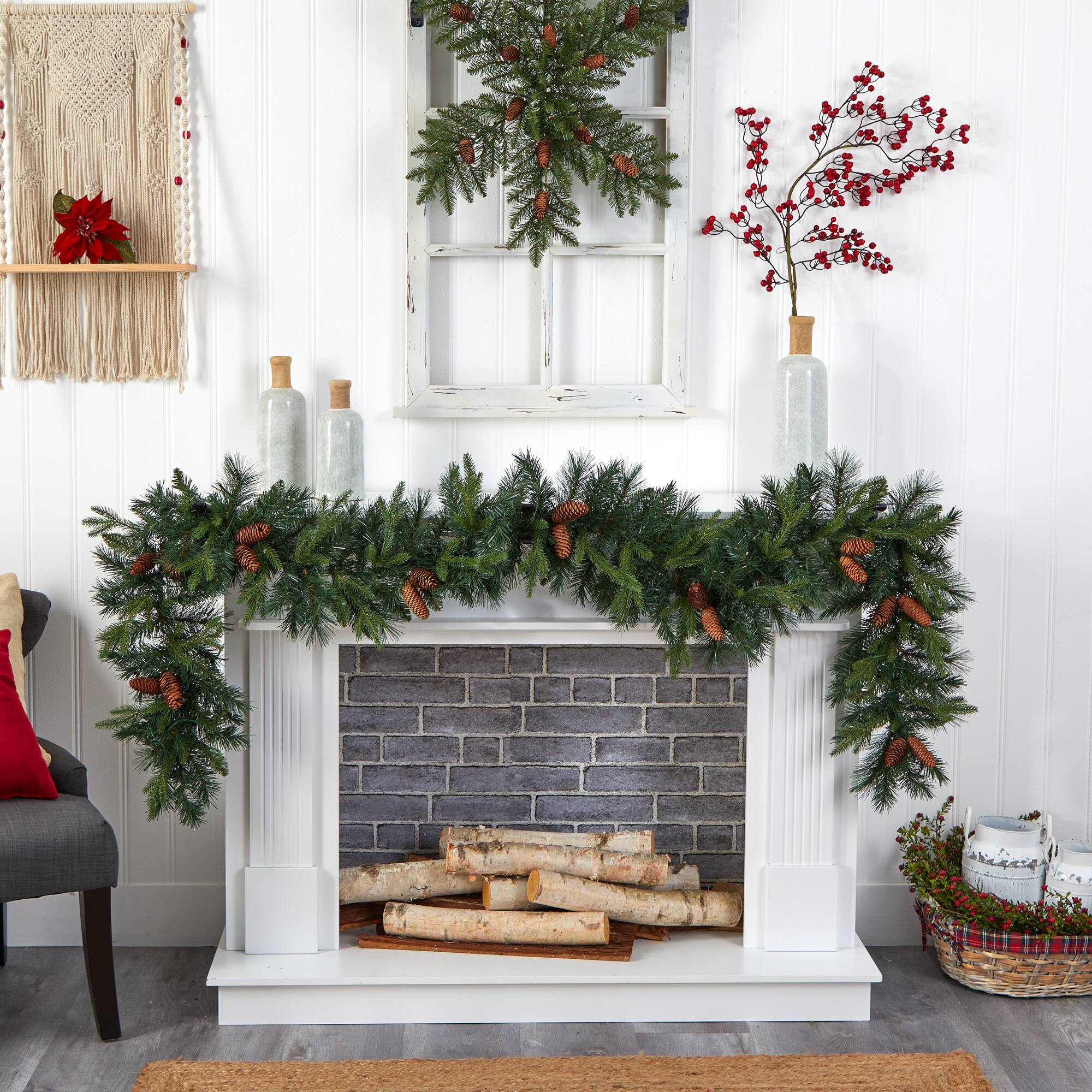 9ft. White LED Lights Mixed Pines &#x26; Pinecones Artificial Christmas Garland