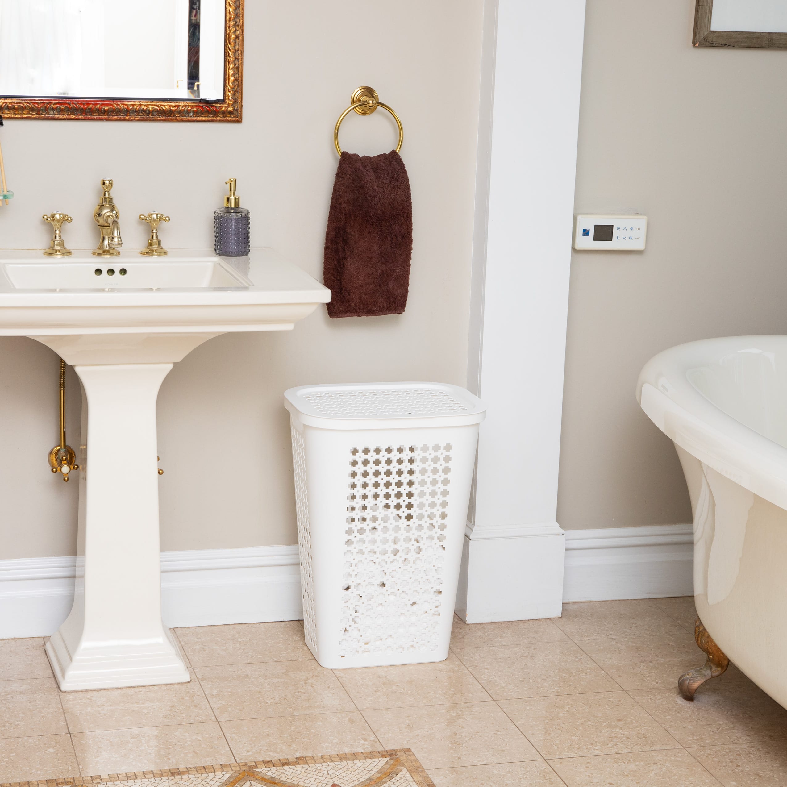 Mind Reader 50L Tapered Laundry Hamper with Swiss Cross Cut-Outs, White