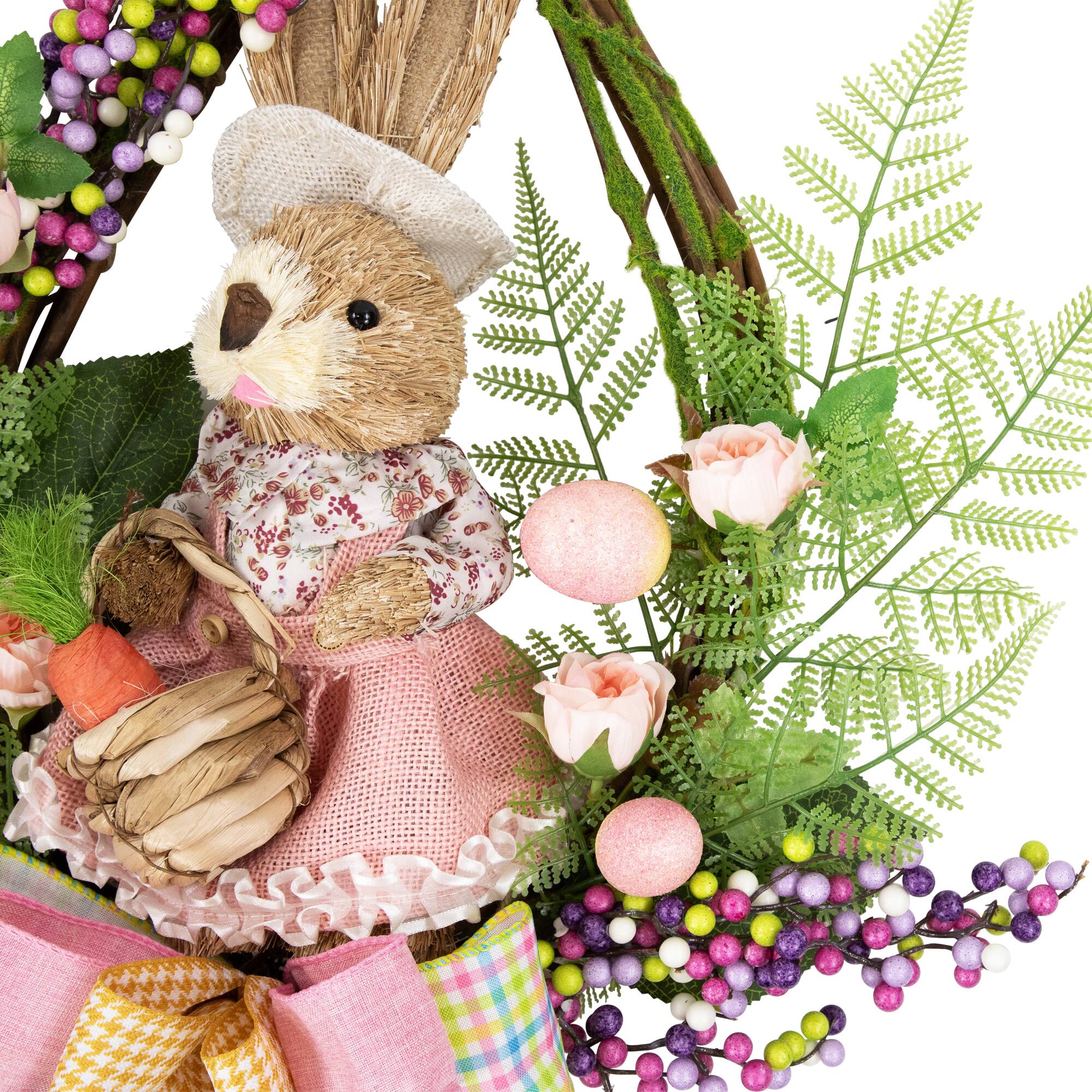 20" Pink Flower Bunny Moss Vines Teardrop Easter Wreath