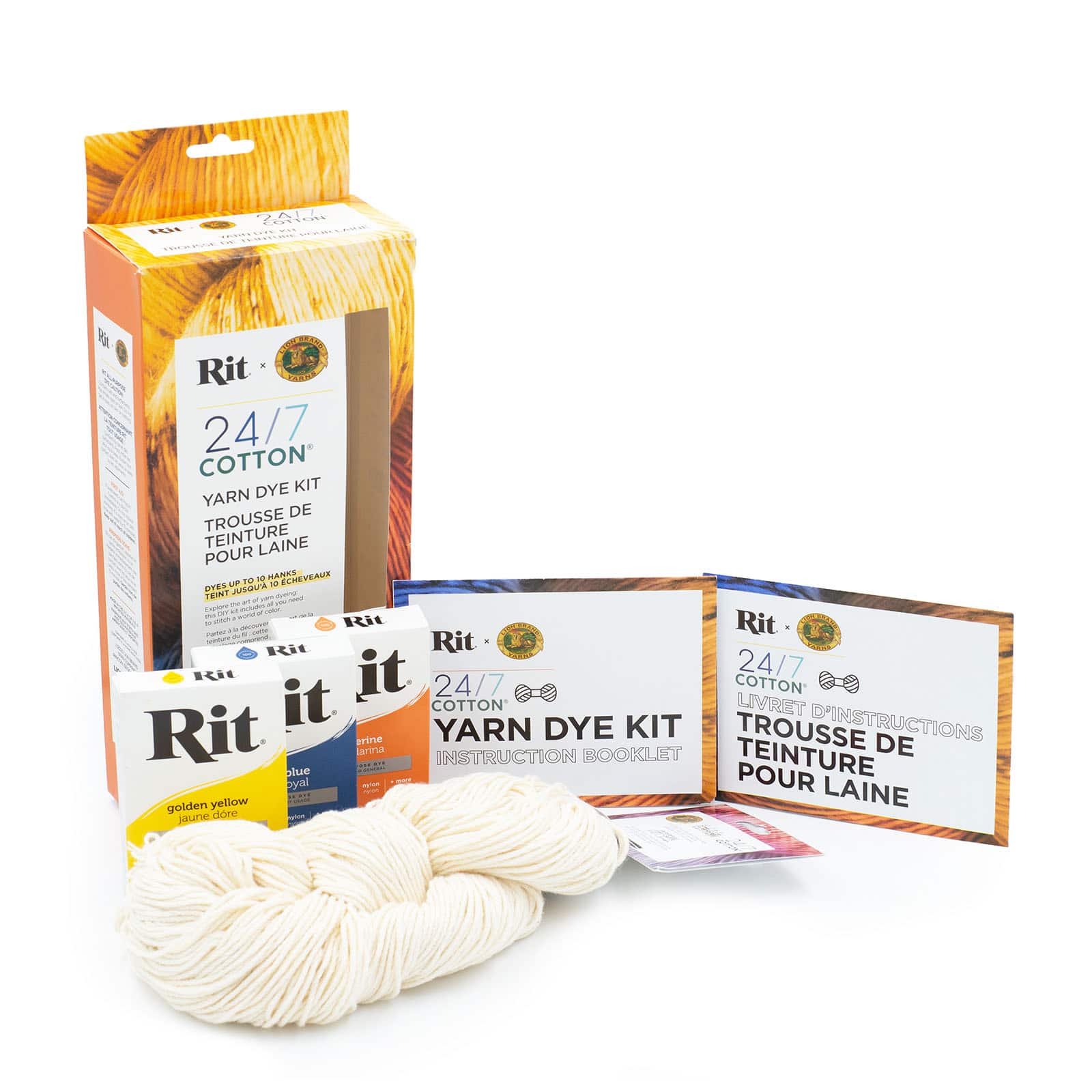 Lion Brand&#xAE; Yarn Tangerine, Golden Yellow &#x26; Blue 24/7 Cotton&#xAE; Yarn Rit&#xAE; Kit