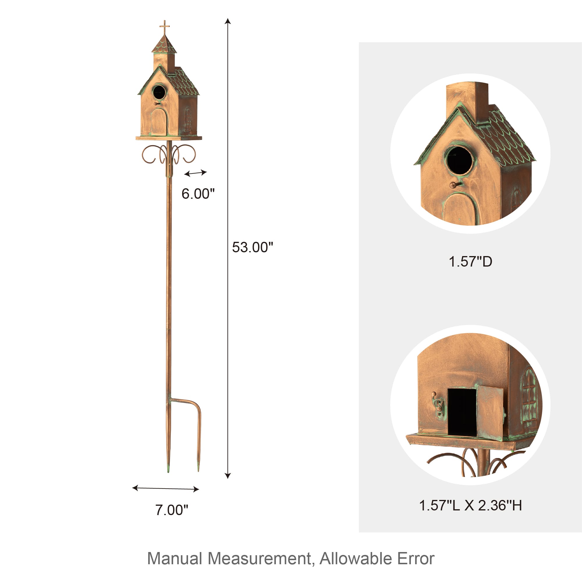 Glitzhome&#xAE; 4ft. Faux Copper Distressed Metal Church Birdhouse with Stake