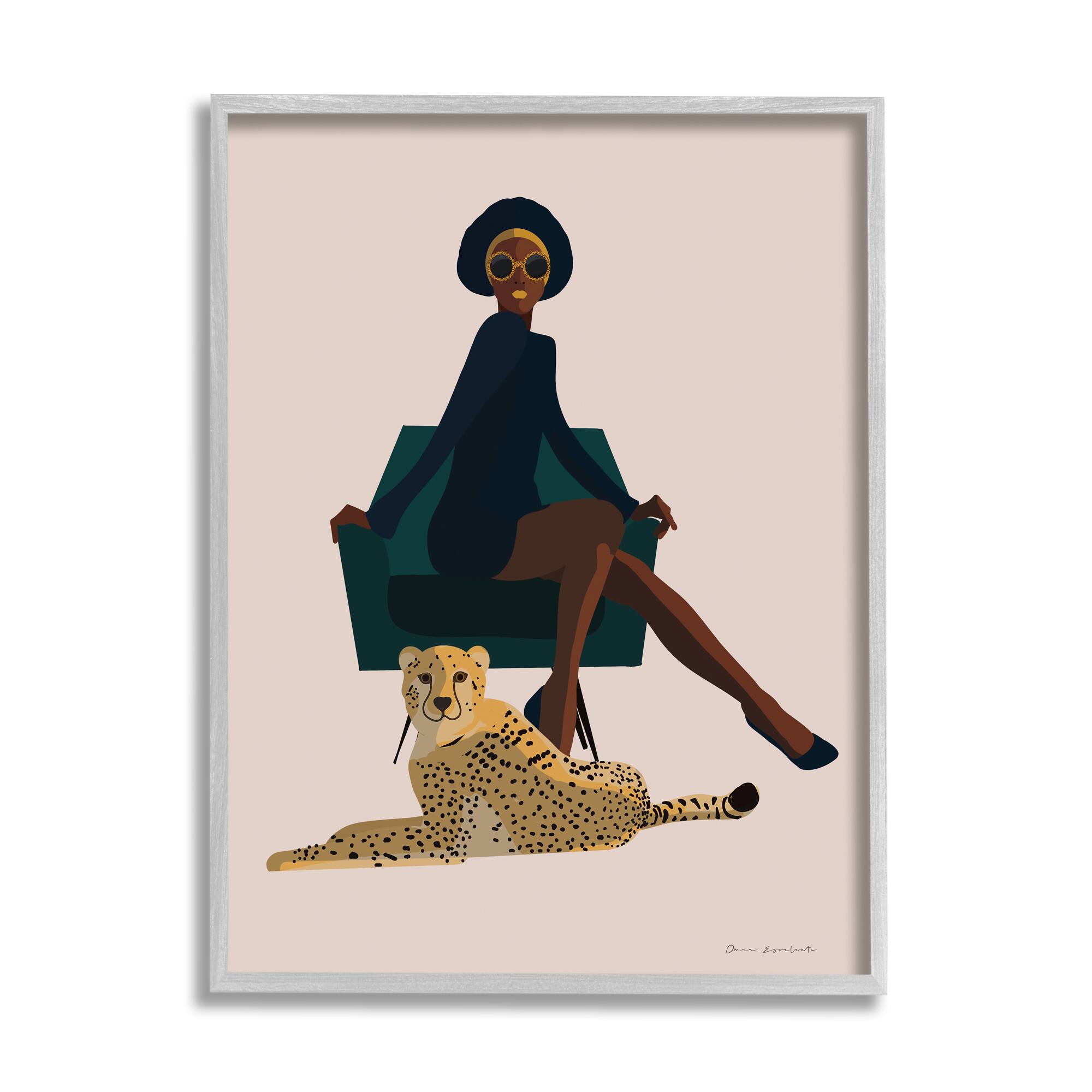 Stupell Industries Modern Fashion Pose Female Cheetah Cat Green Chair Framed Wall Art