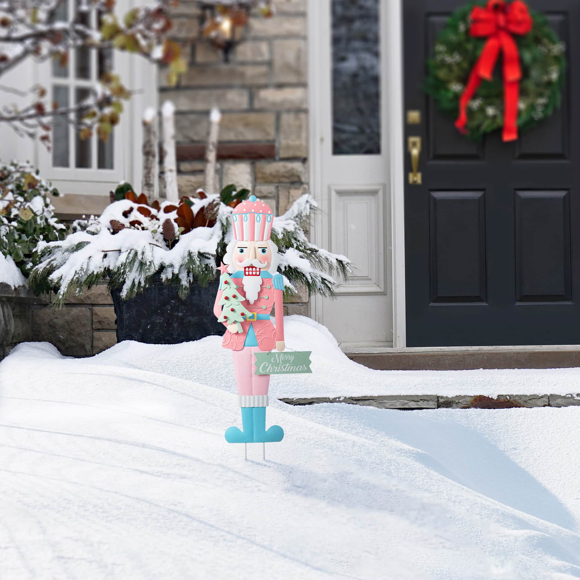 Glitzhome&#xAE; 36&#x22; Metal Christmas Pink Nutcracker Yard Stake