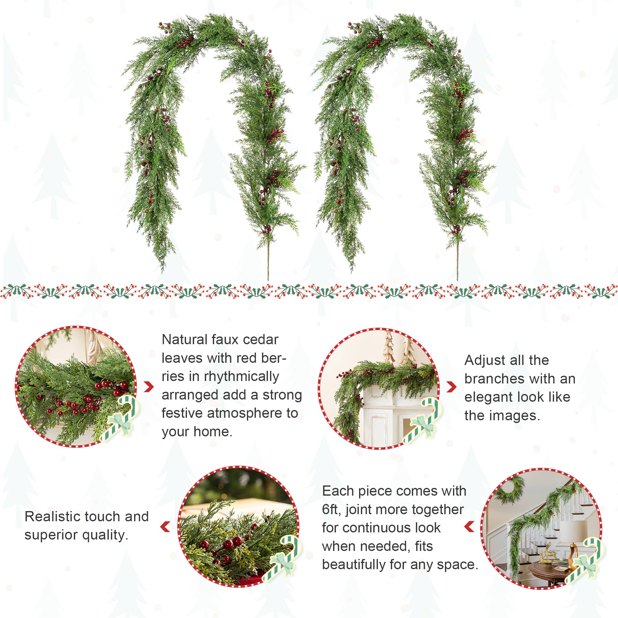Glitzhome&#xAE; 6ft Christmas Greenery PE Cedar Garland with Red Berries, 2ct.