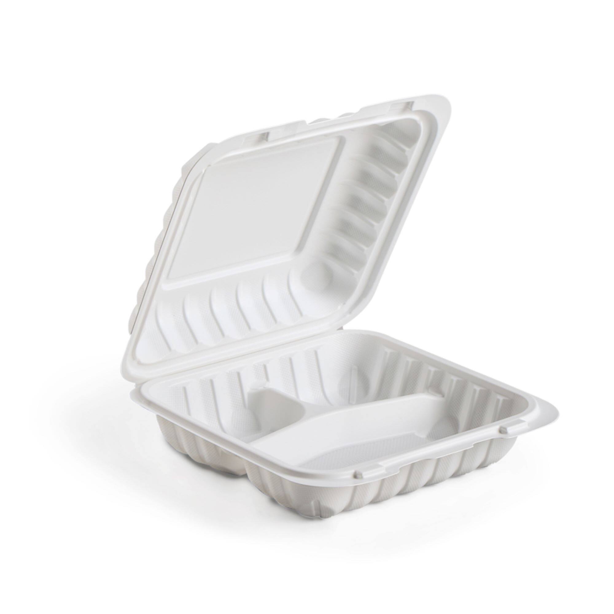 9" White 3-Compartment Clamshell Take Out Containers, 150ct.