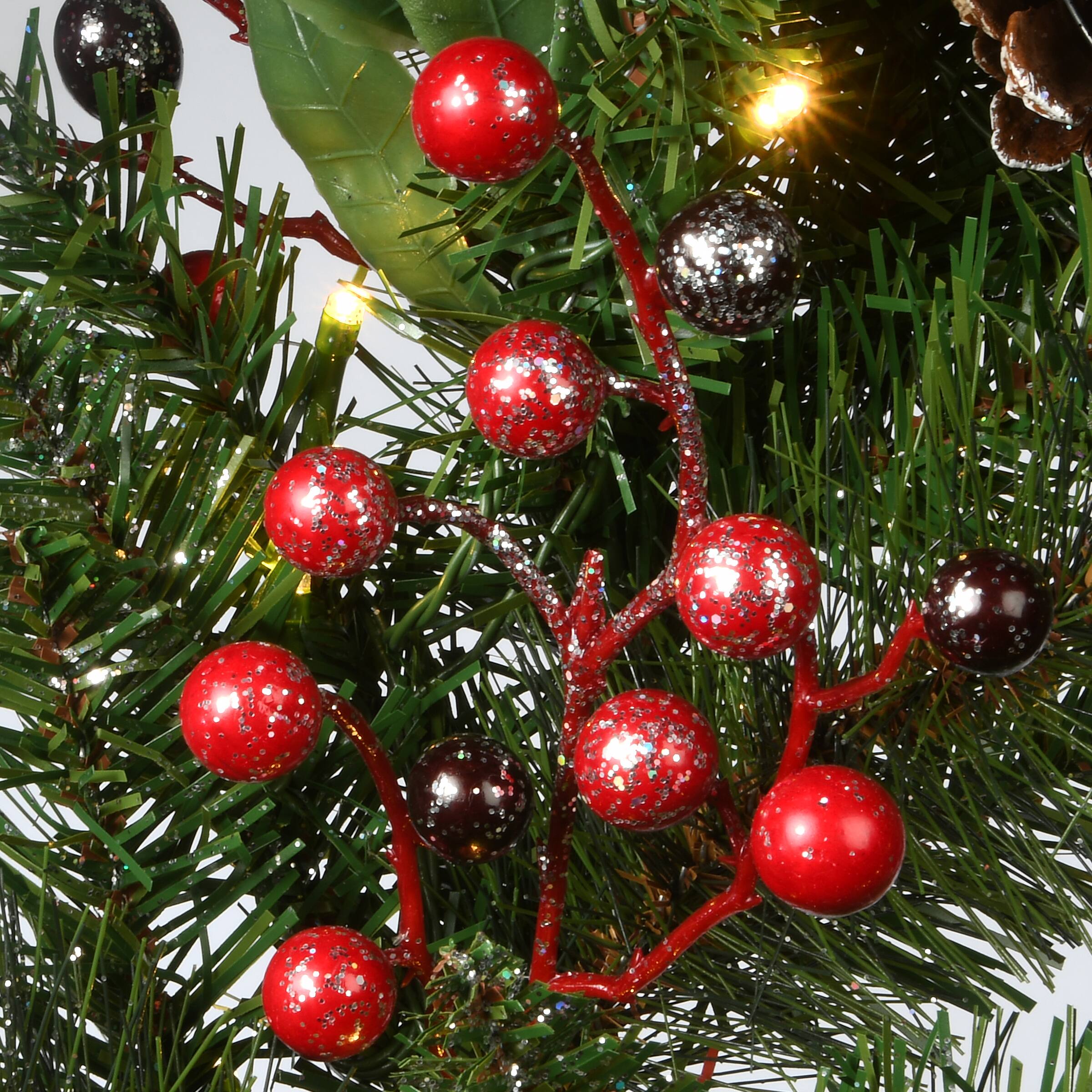 30" Frosted Pine Berry Collection Wreaths with Big White Edged Pine Cones, Red Berries, Silver Glittered Eucalyptus Leaves & Warm White LED Lights