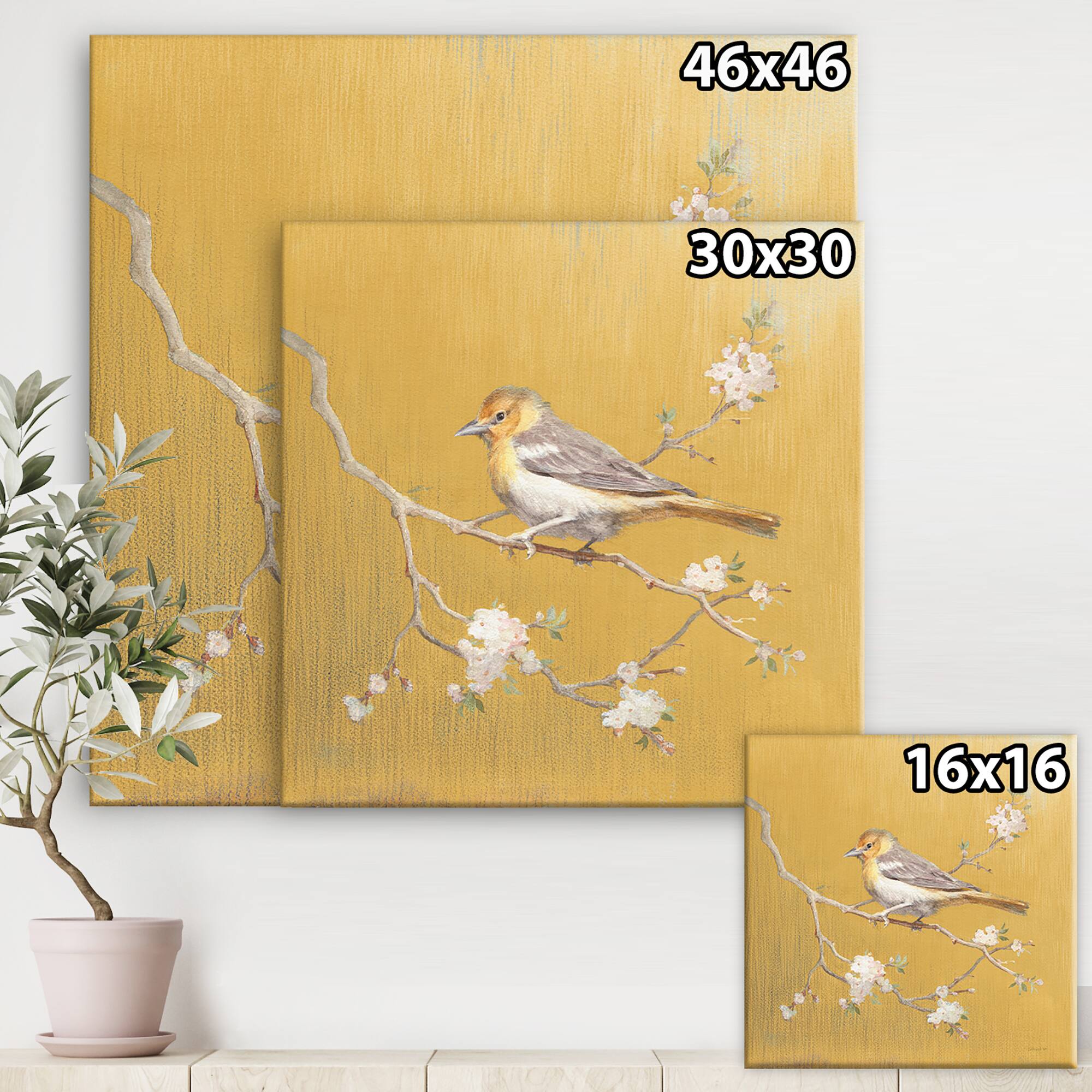 Designart - Gold Bird on Blossoms I - Farmhouse Gallery-wrapped Canvas