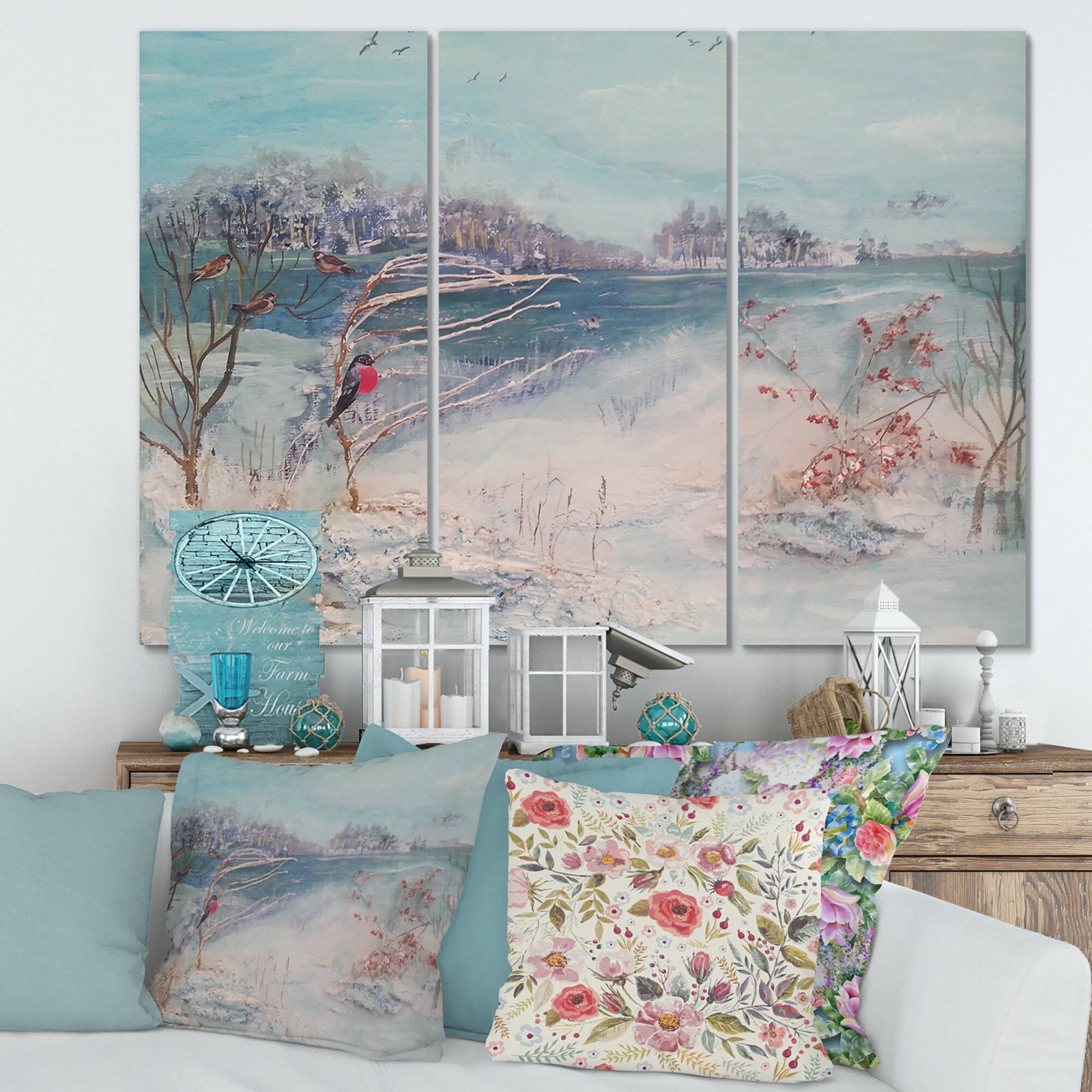 Designart - Winter Trees River and Birds - Lake House Canvas Wall Art Print