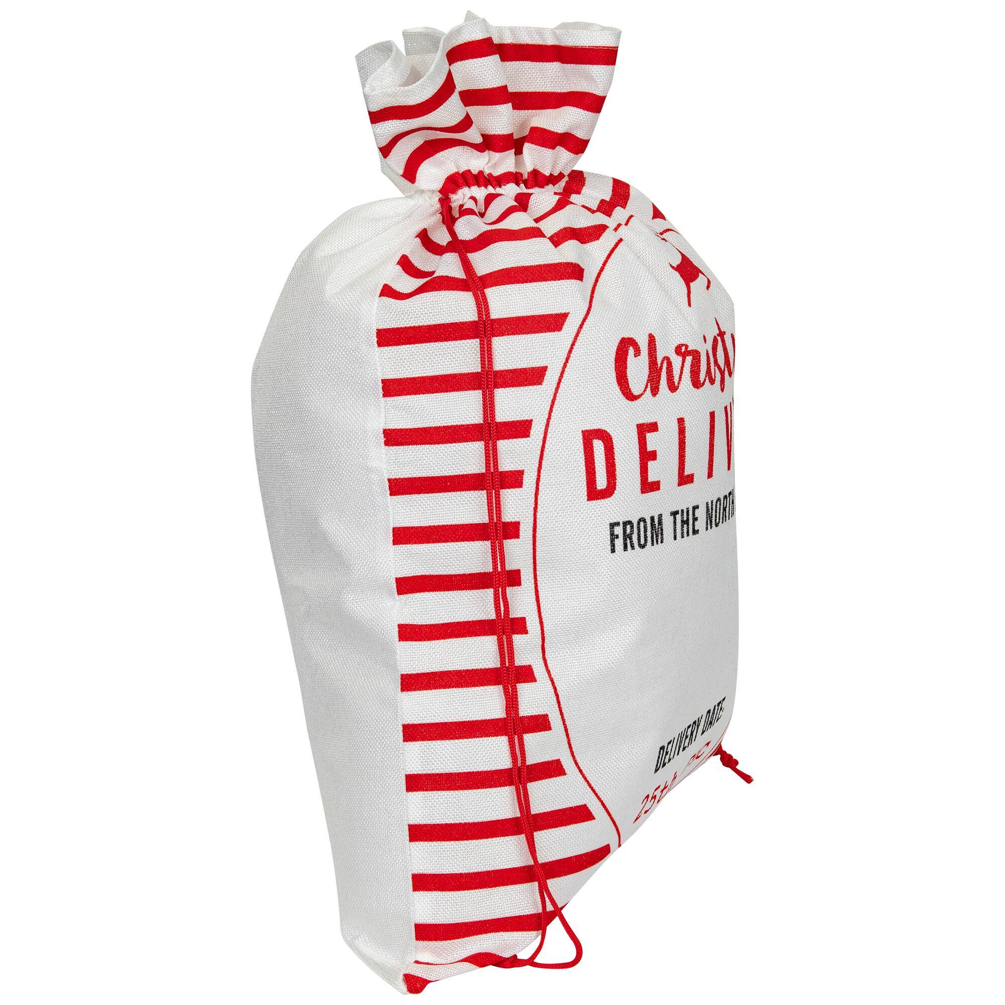 27" Beige & Red Striped Christmas Delivery Tie Gift Bag