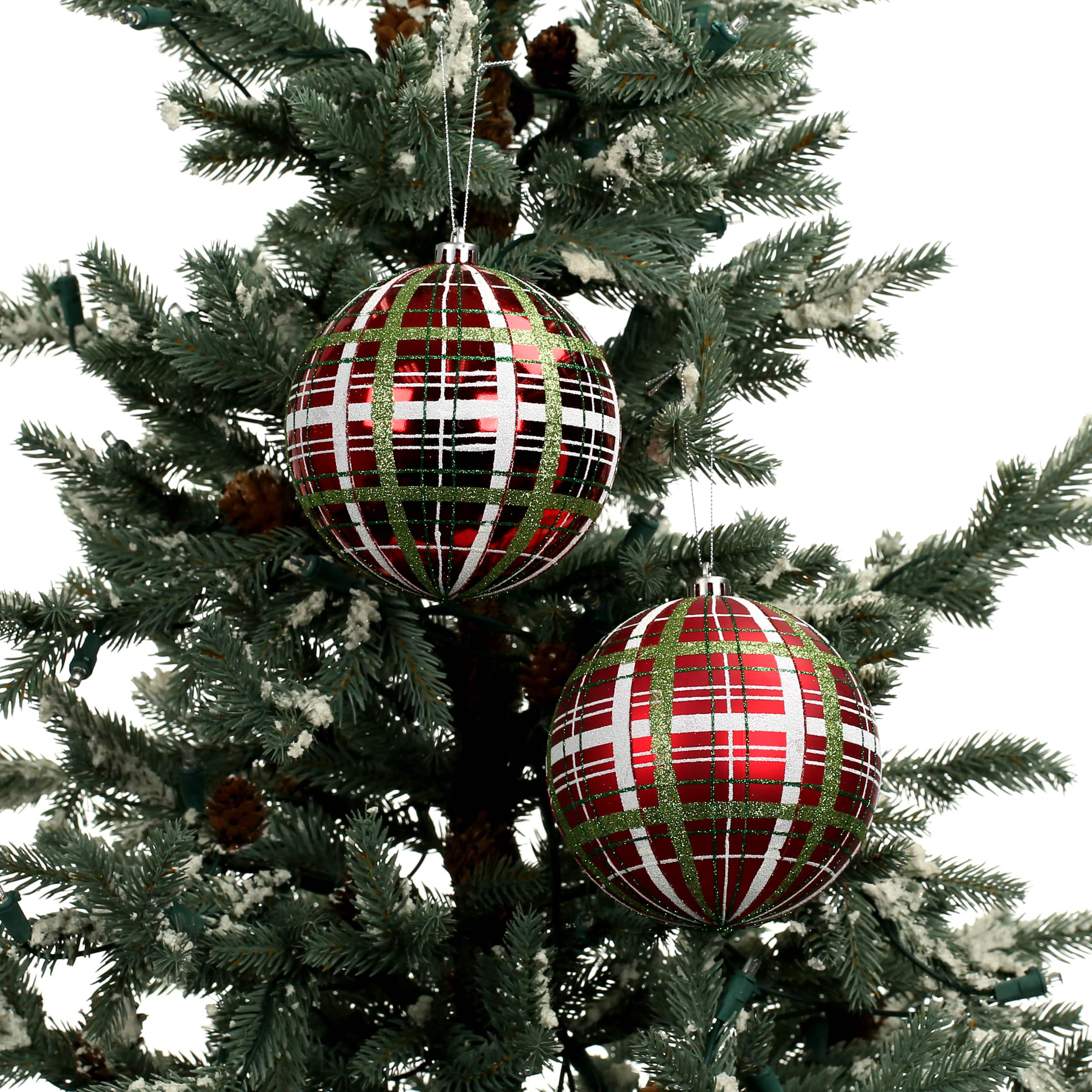 2 Pack 4.7&#x22; Red, Green &#x26; White Plaid Shatterproof Ball Ornaments by Ashland&#xAE;
