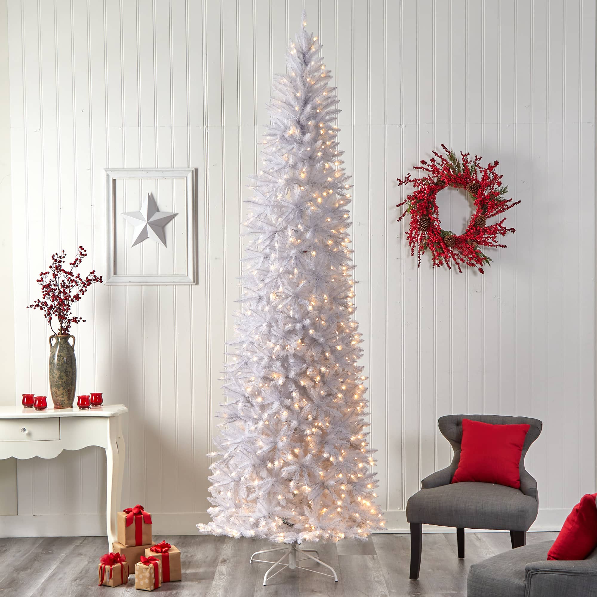10ft. Pre-Lit Slim White Artificial Christmas Tree, Warm White LED Lights