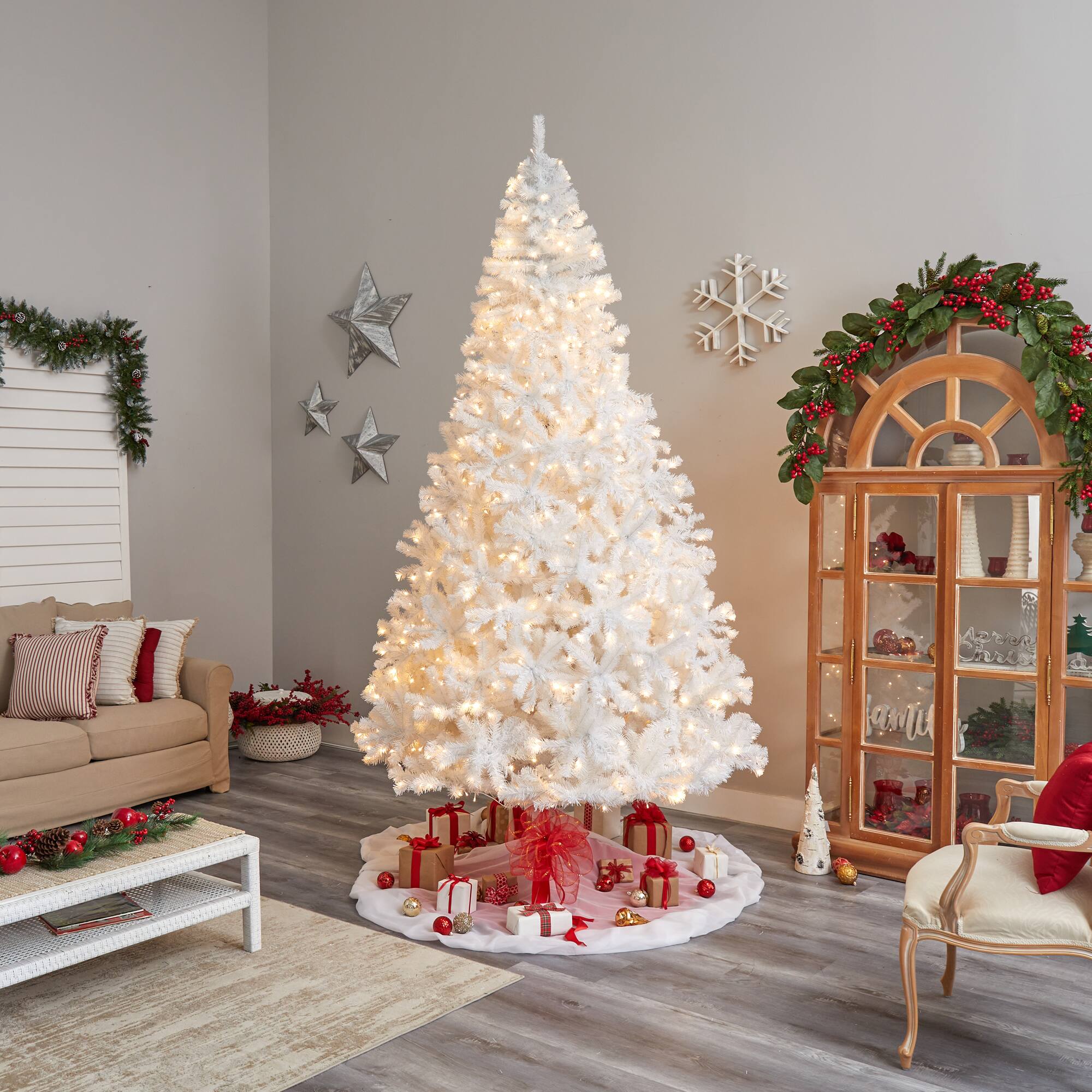 10ft. Pre-Lit White Artificial Christmas Tree, Clear LED Lights