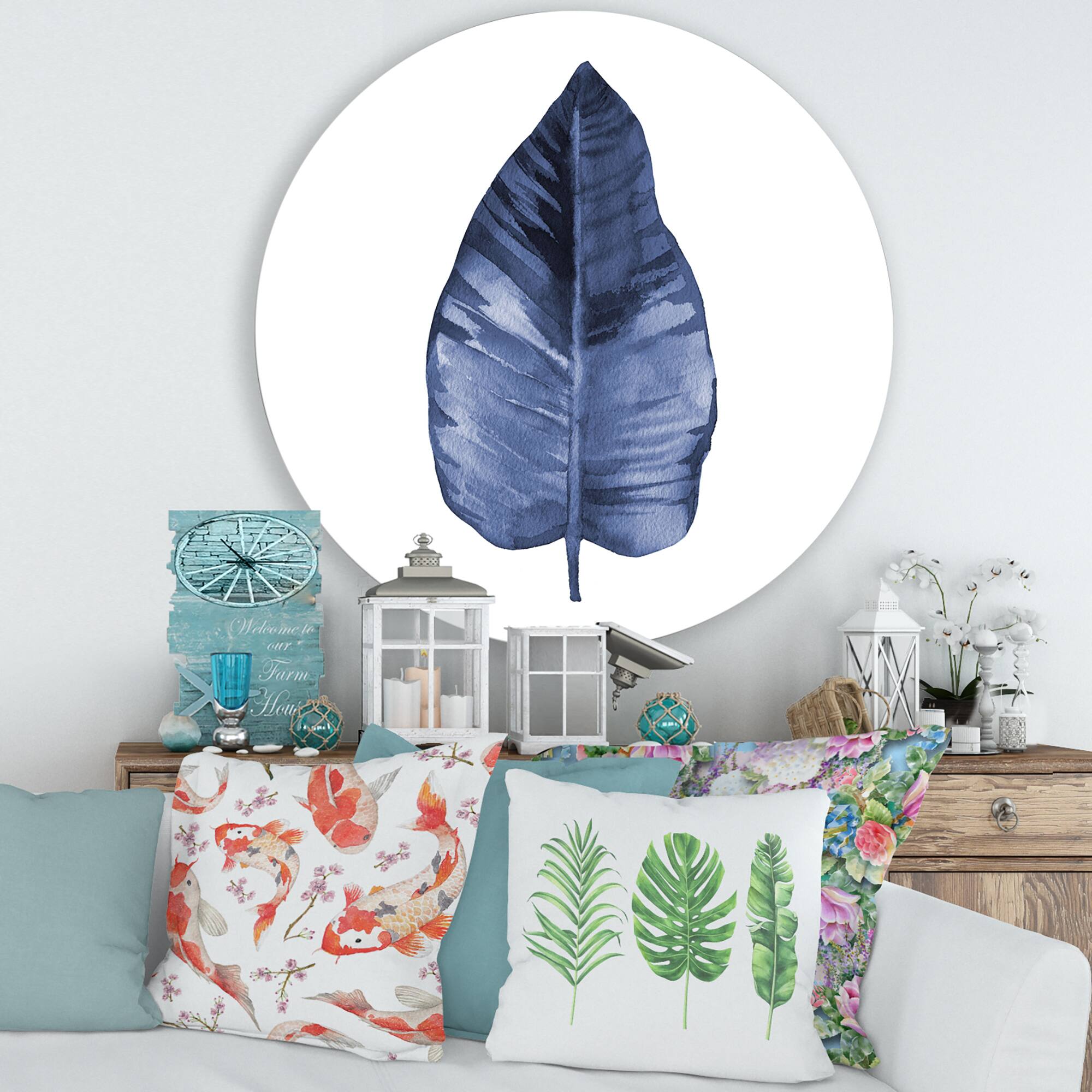 Designart - Blue Leaf Watercolour On White - Traditional Metal Circle Wall Art