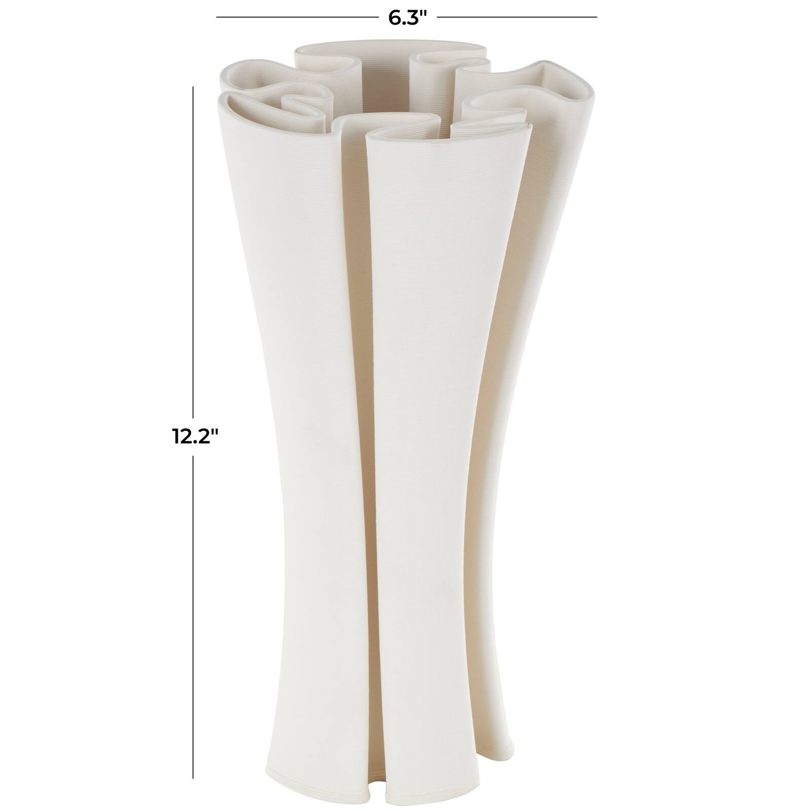White Ceramic Abstract Ribbed Dimensional Folded Vase with Curvy Rim