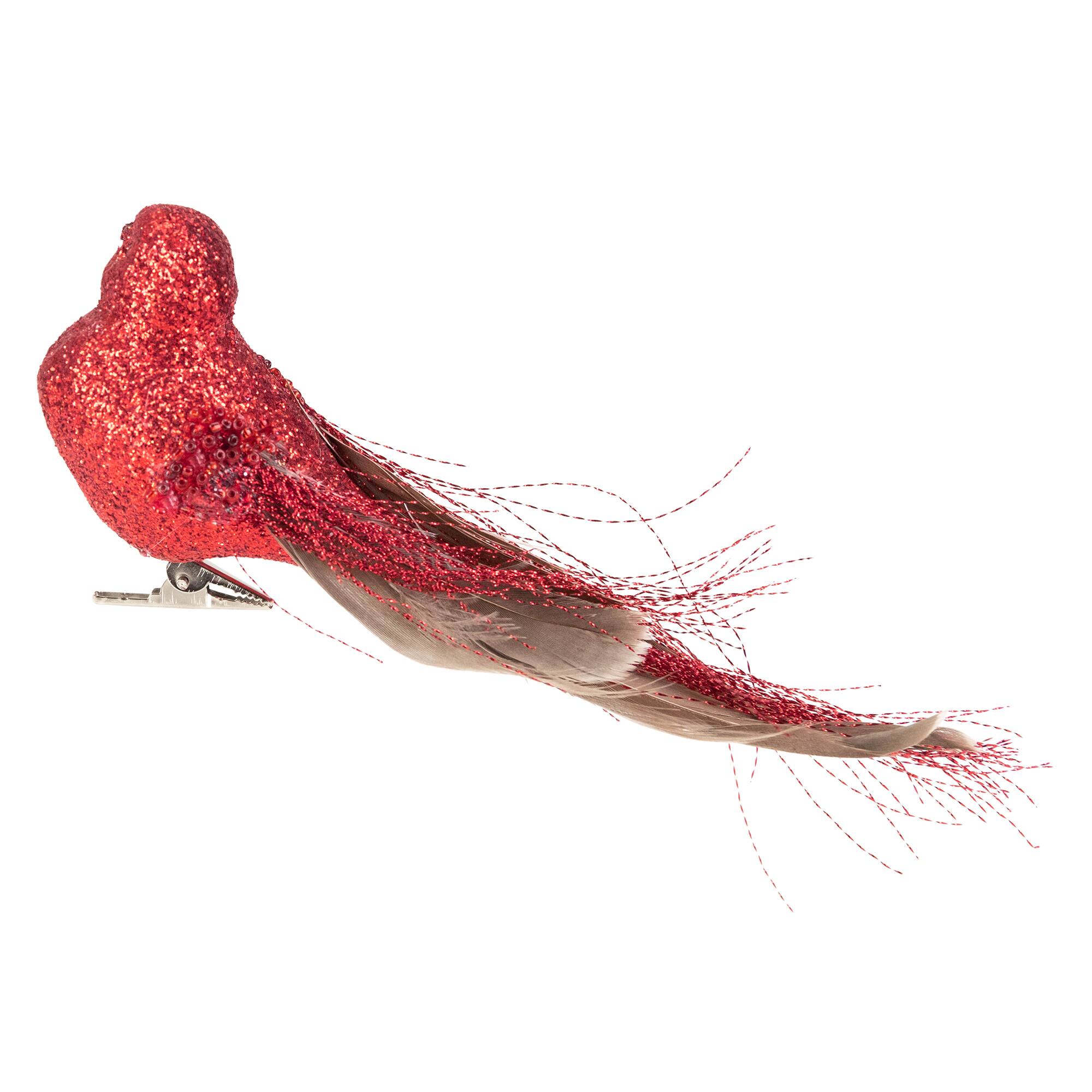 Glittered Bird with Feather Tail Christmas Clip Ornament - 7&#x22; - Red