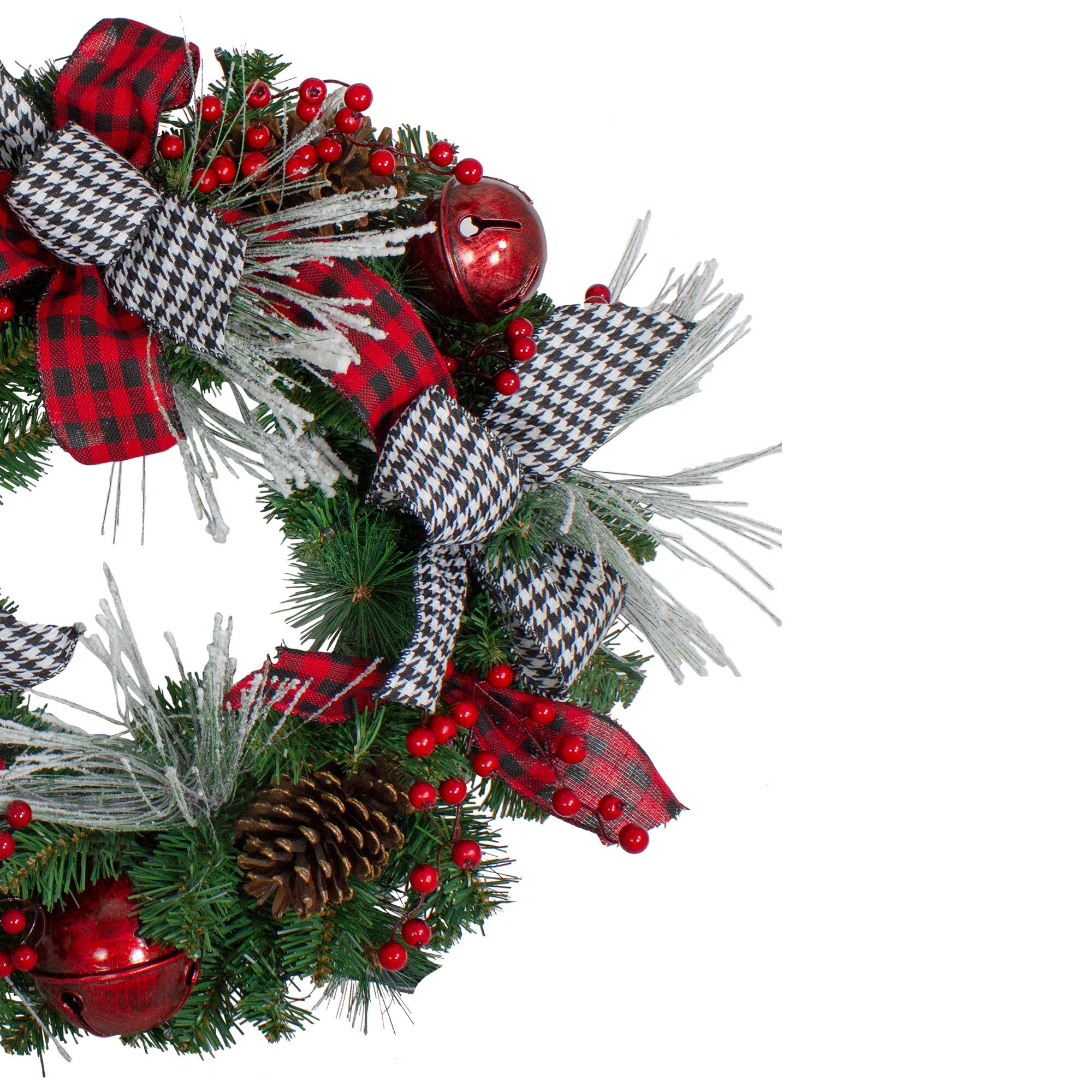 24&#x22; Plaid, Houndstooth &#x26; Red Berries Artificial Christmas Wreath