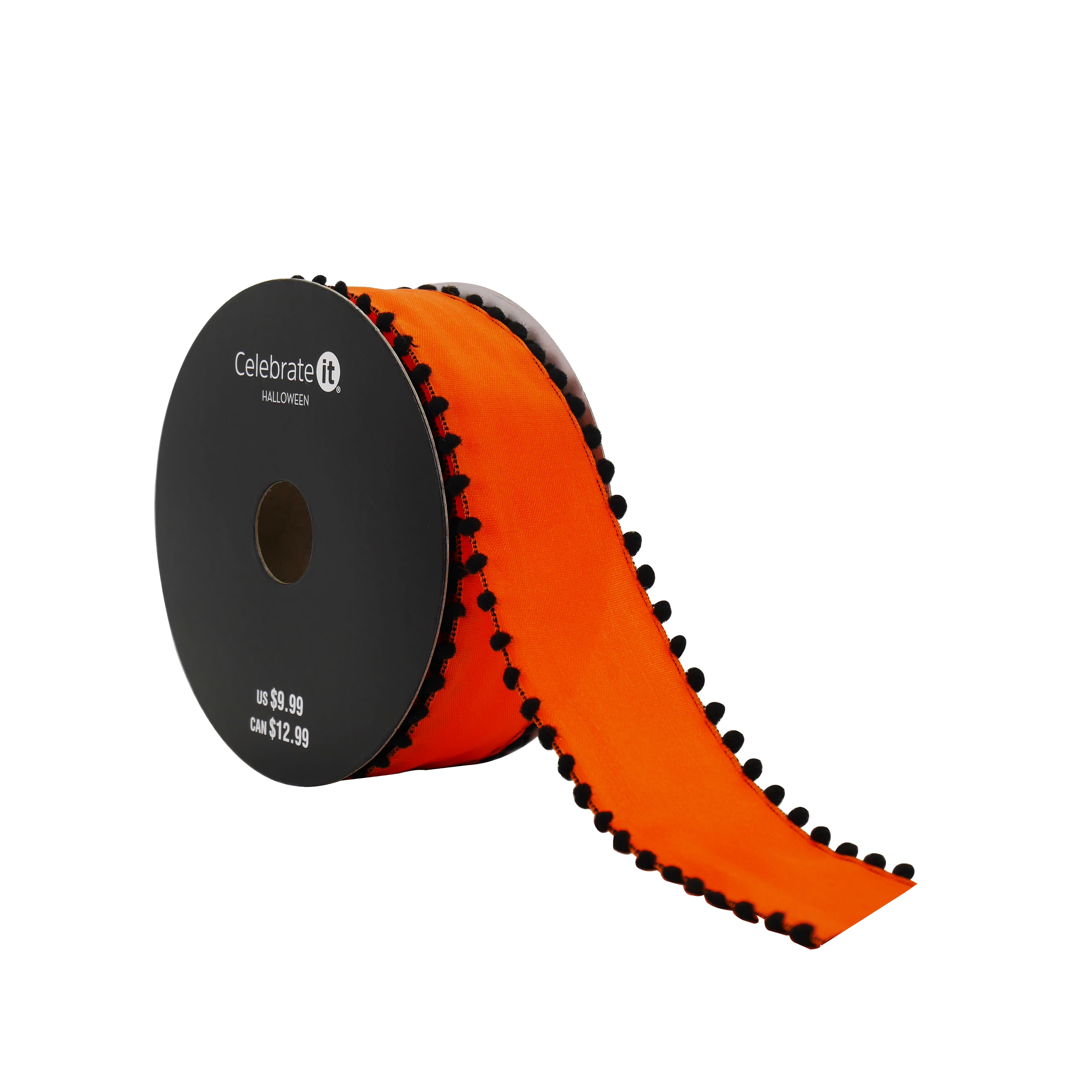 1.5&#x22; x 10yd. Orange &#x26; Black Pom Pom Edge Wired Taffeta Ribbon by Celebrate It&#xAE; Halloween