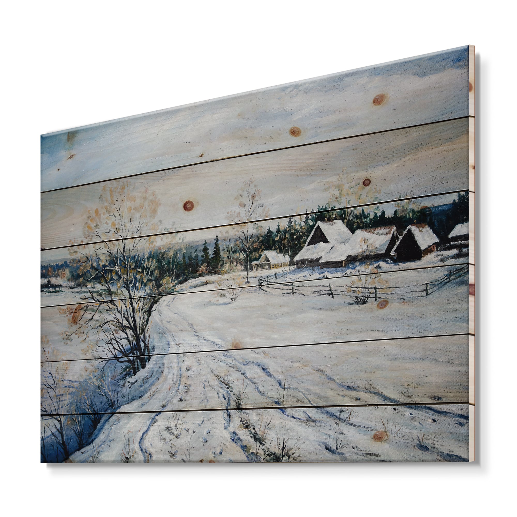 Designart - Country Road In Winter Times II - Traditional Print on Natural Pine Wood