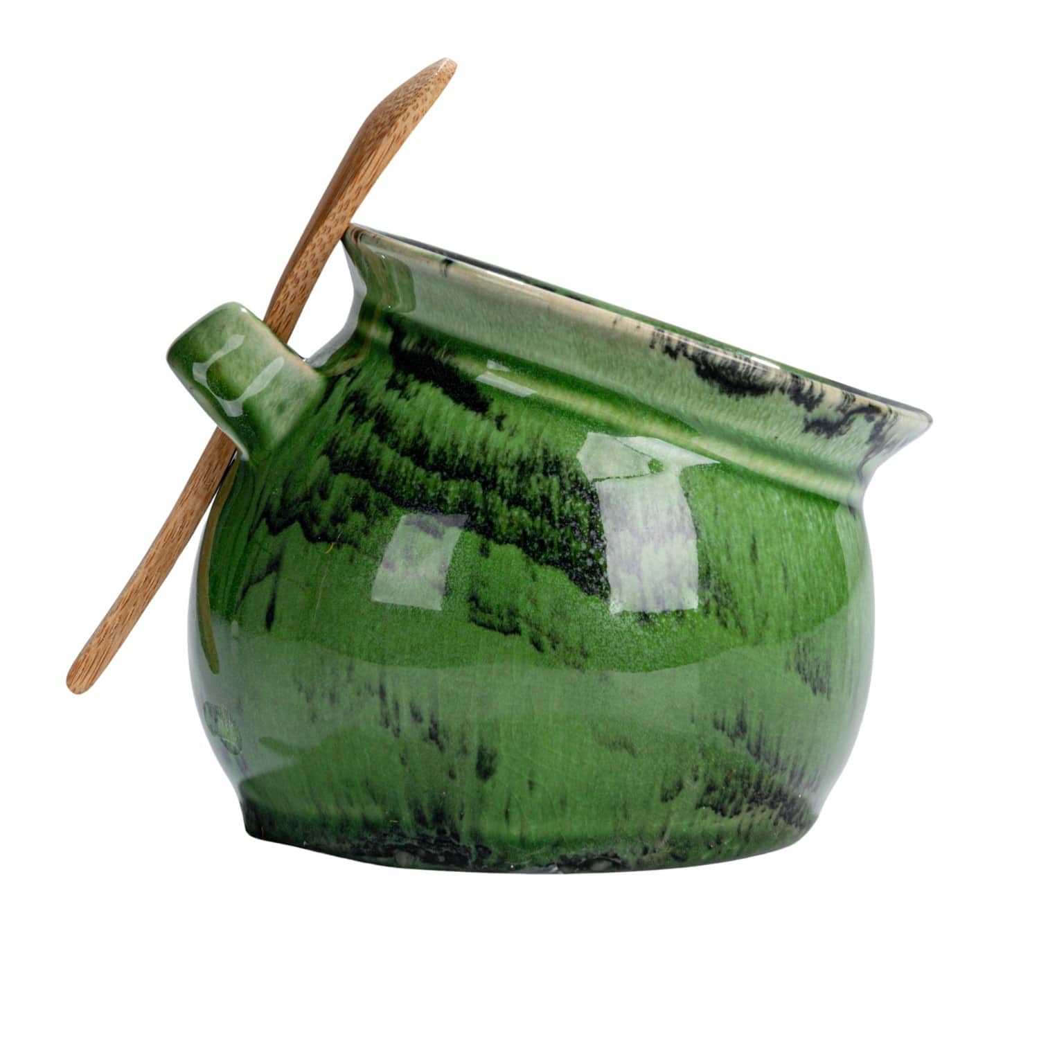 Hello Honey® 4" Green Stoneware Salt Dish with Acacia Wood Spoon