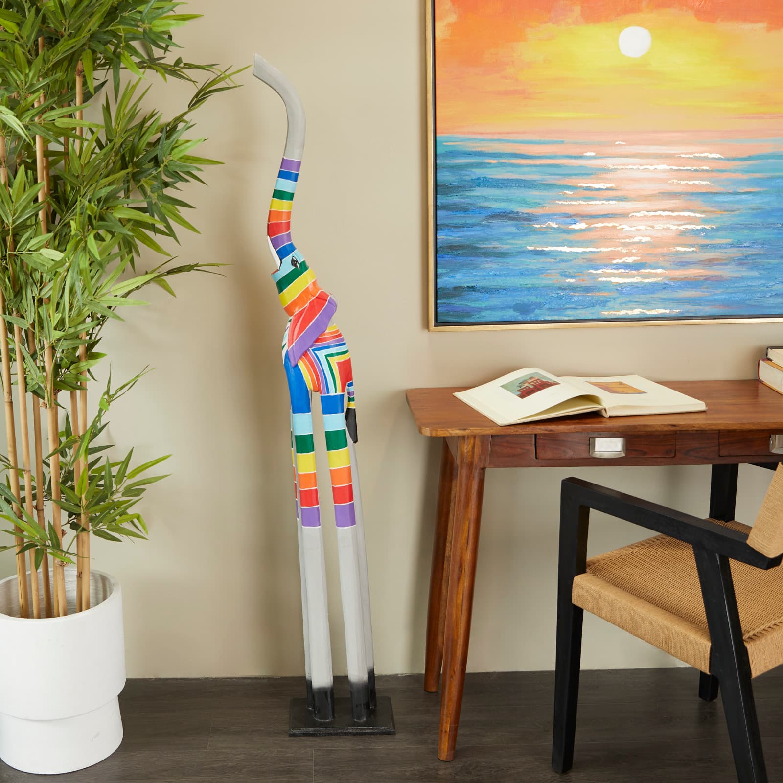 5ft. Multicolored Striped Wooden Elephant Sculpture