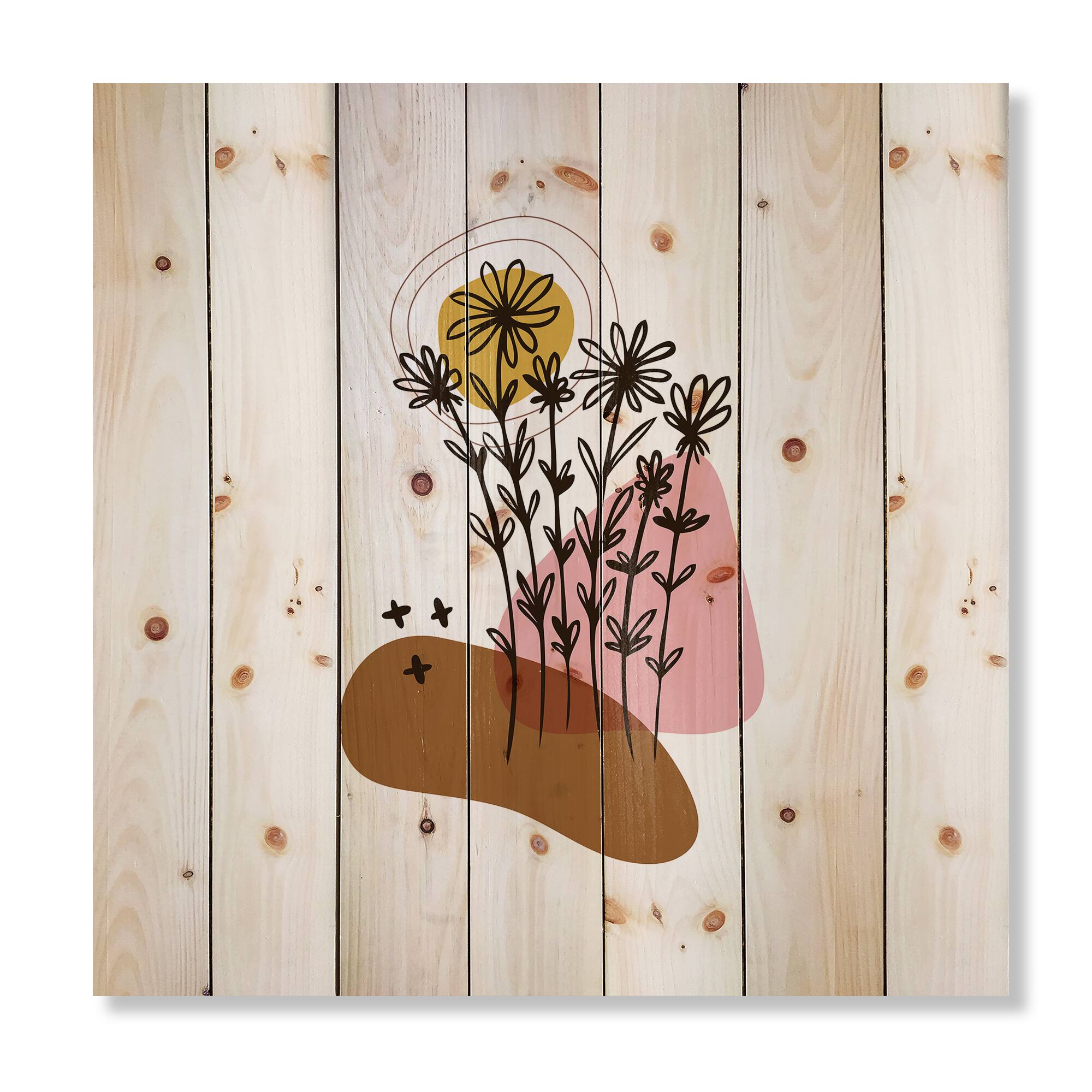 Designart - Elementary Shapes With Abstract Flowers Plants I - Modern Print on Natural Pine Wood