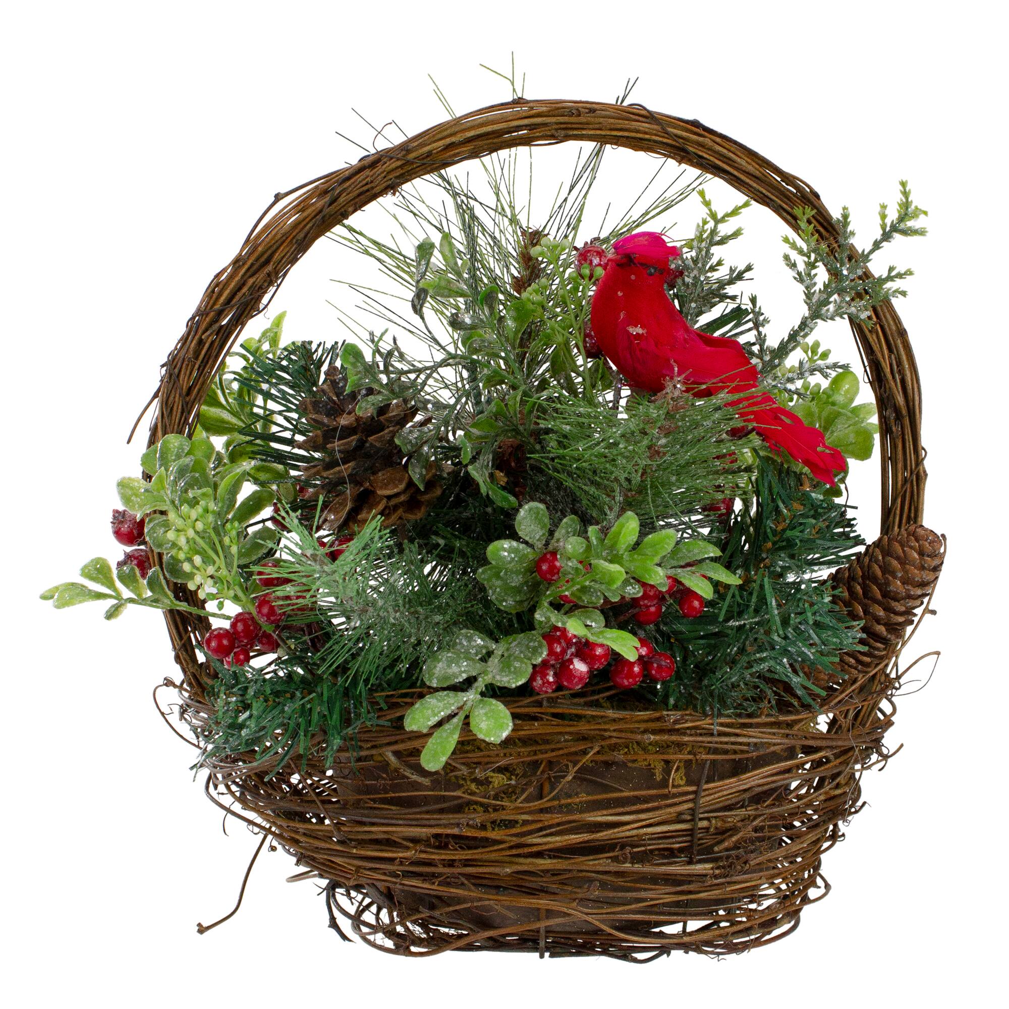 12&#x22; Red Cardinal with Foliage in Twig Basket Decoration