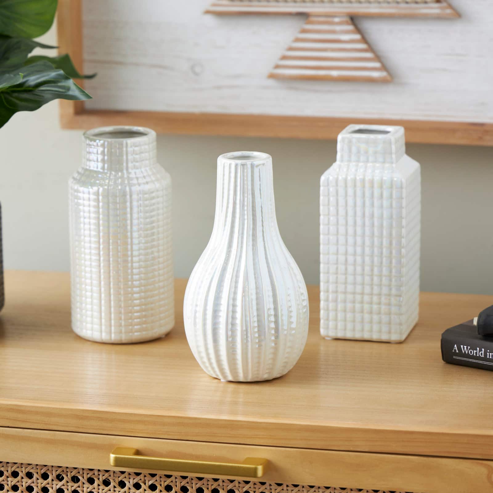 8&#x22; Cream Ceramic Geometric Textured Vase Set