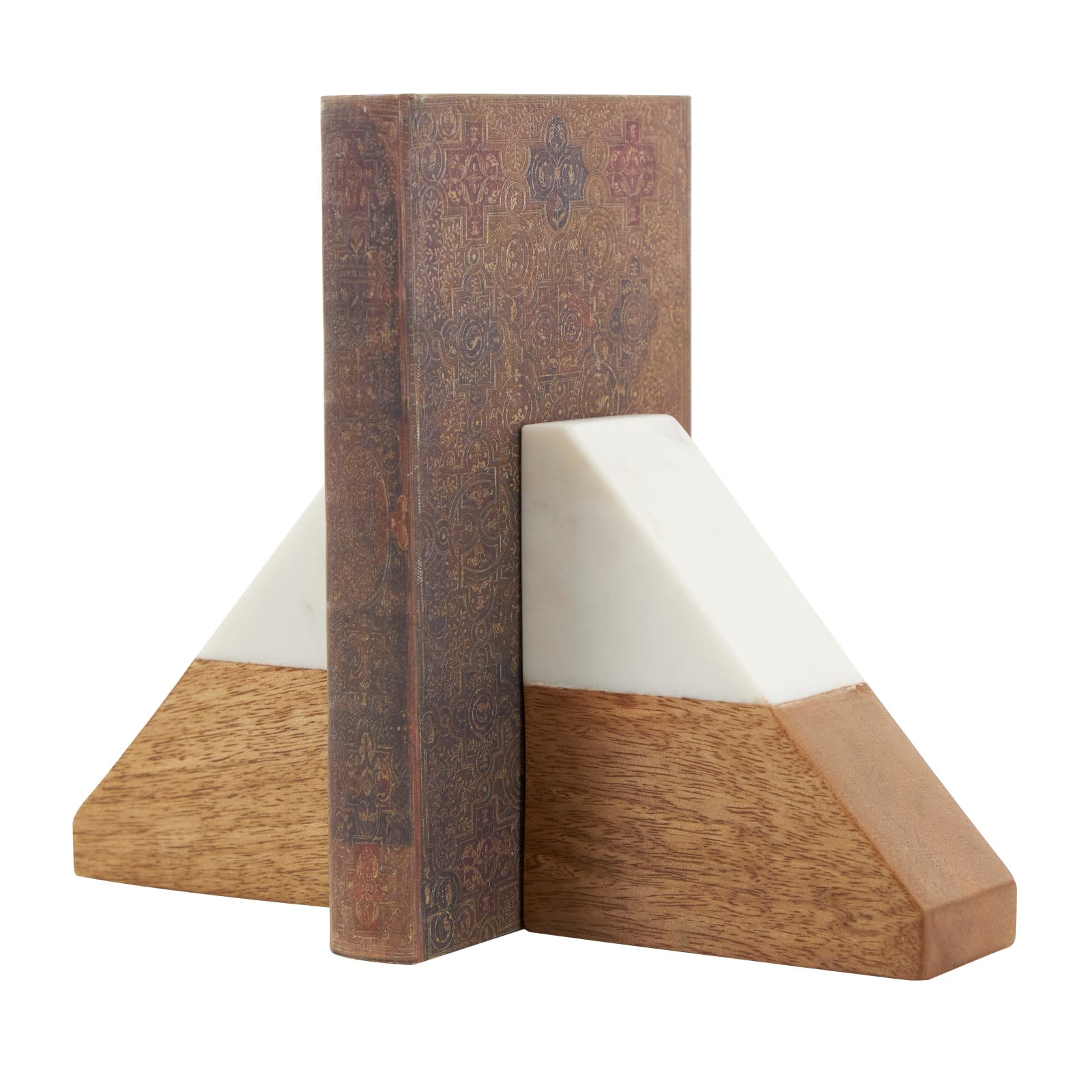 5&#x22; Marble &#x26; Wood Geometric Triangle Bookends Set