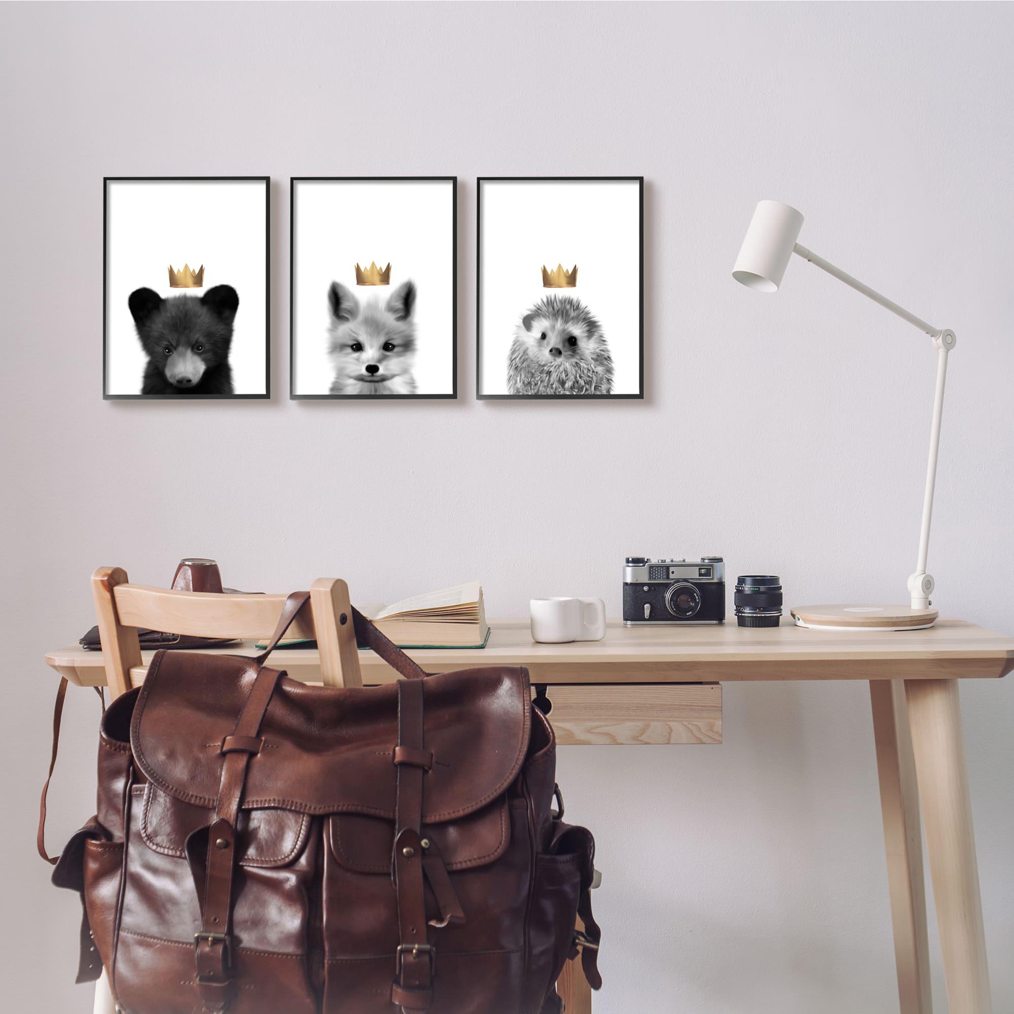 Stupell Industries Woodland Animals Bold Crowns Black Bear Fox Hedgehog Framed Wall Art