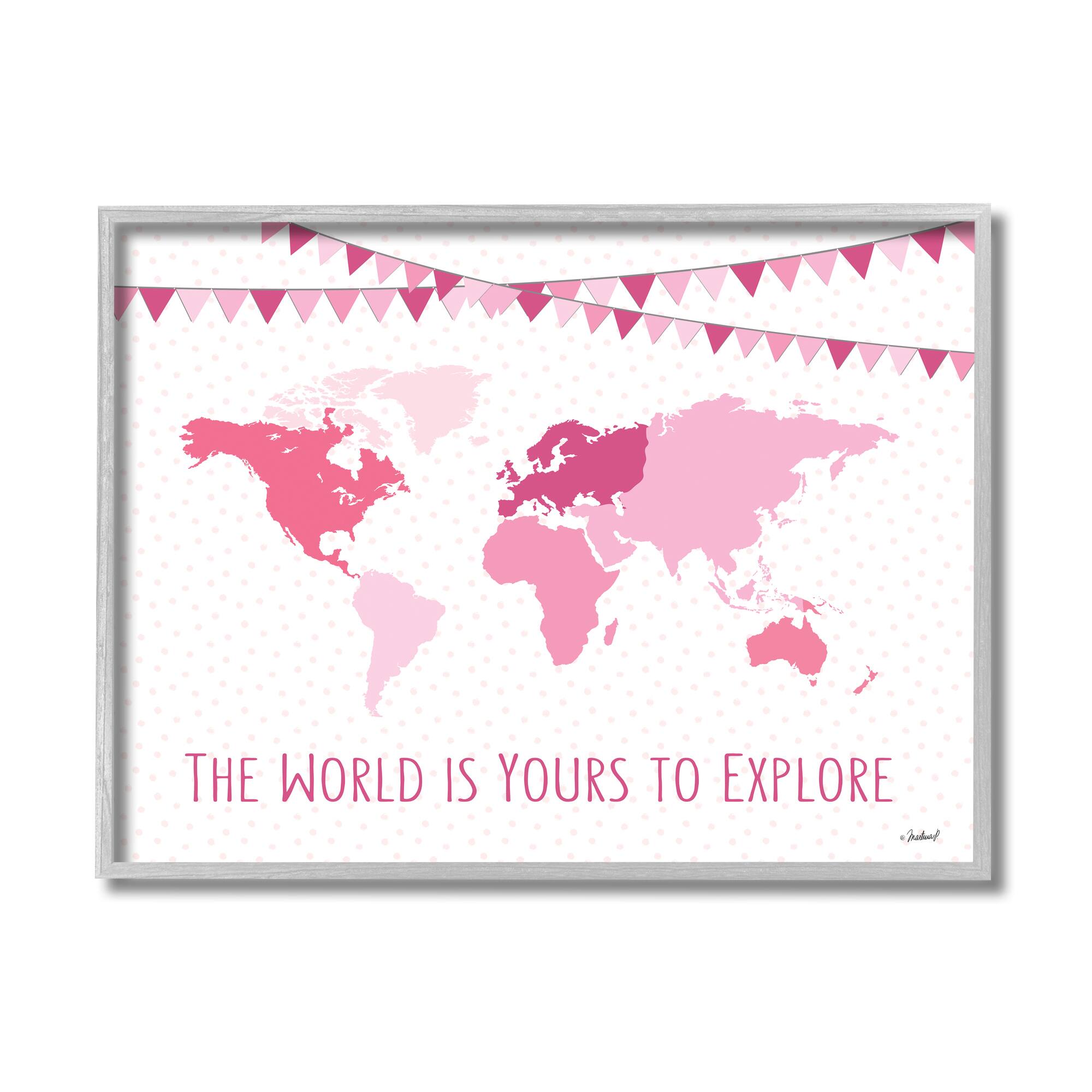 Stupell Industries World Is Yours to Explore Motivational World Map in Gray Frame Wall Art