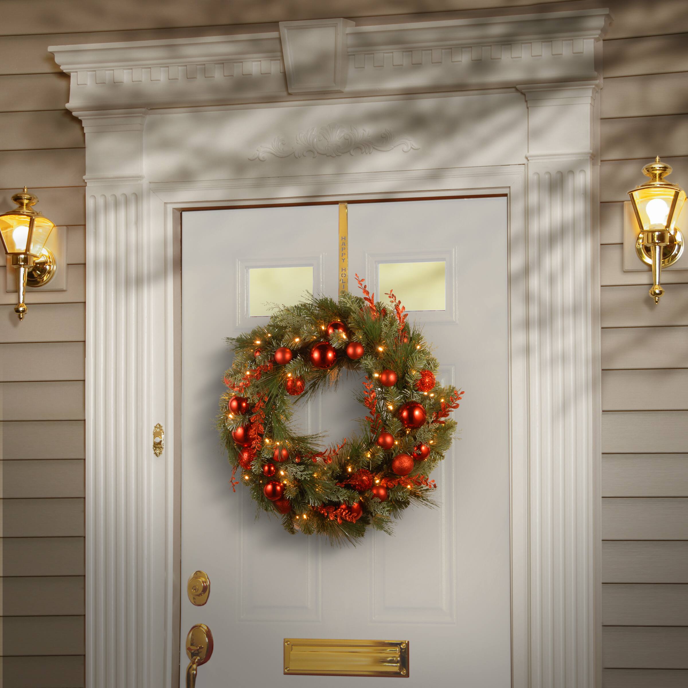 24" Decorative Collection Christmas Red Mixed Wreaths with 50ct. Soft White Battery Operated LED Lights with Timer