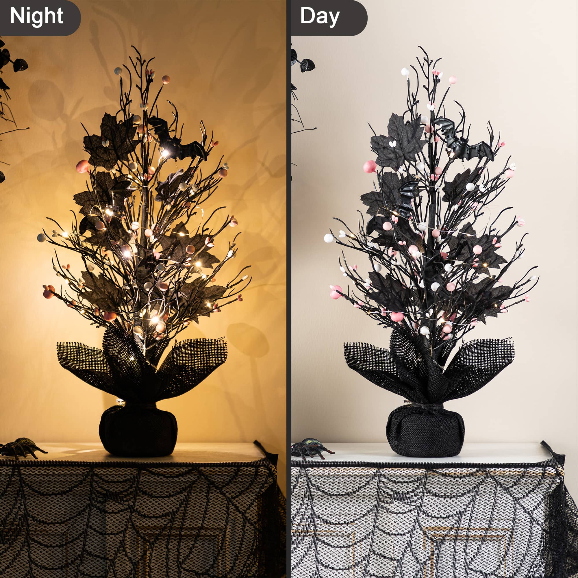 Glitzhome&#xAE; 20&#x22;H Lighted Black and Pink Halloween Berries Table Tree