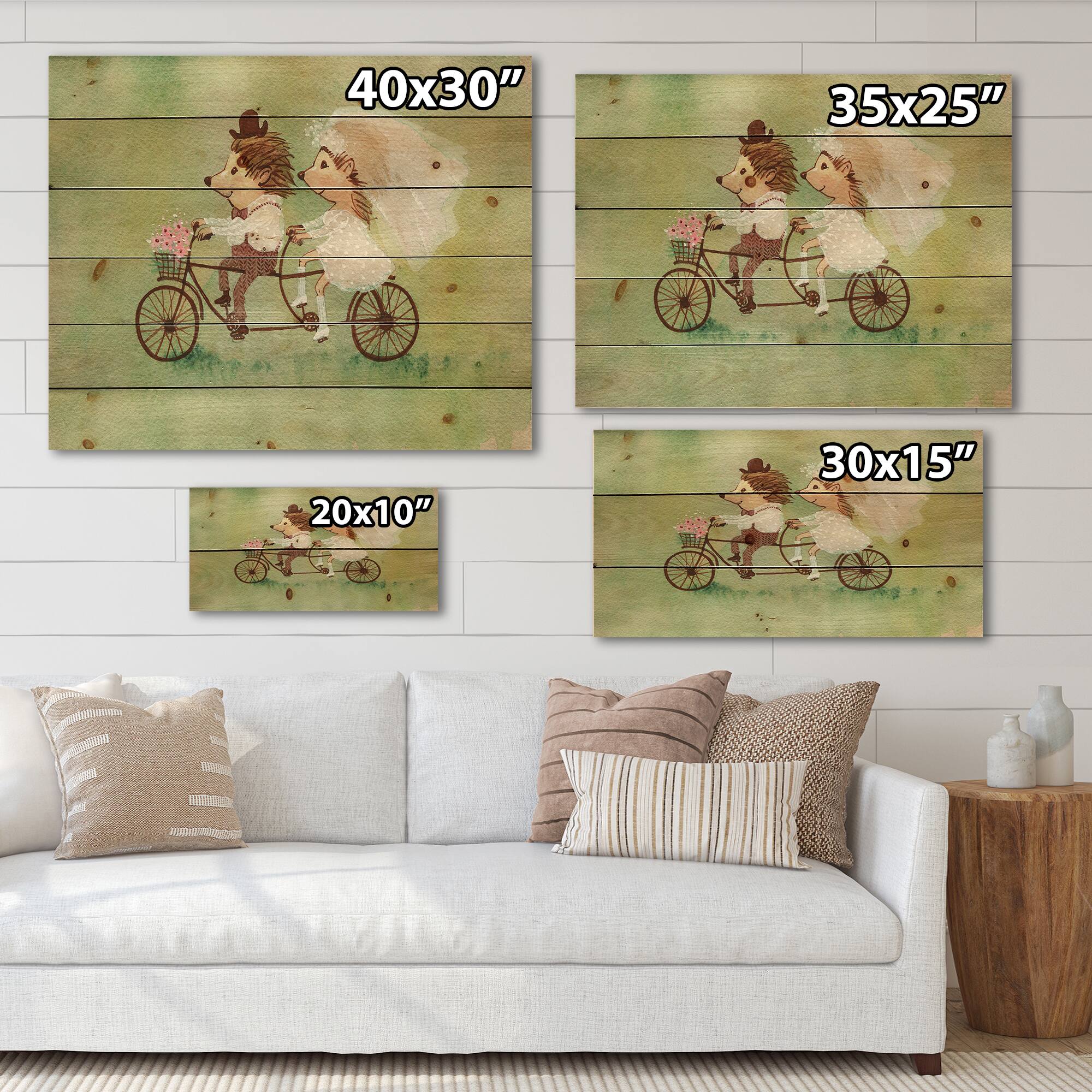 Designart - Couple of Hedgehogs Riding A Bike - Traditional Print on Natural Pine Wood