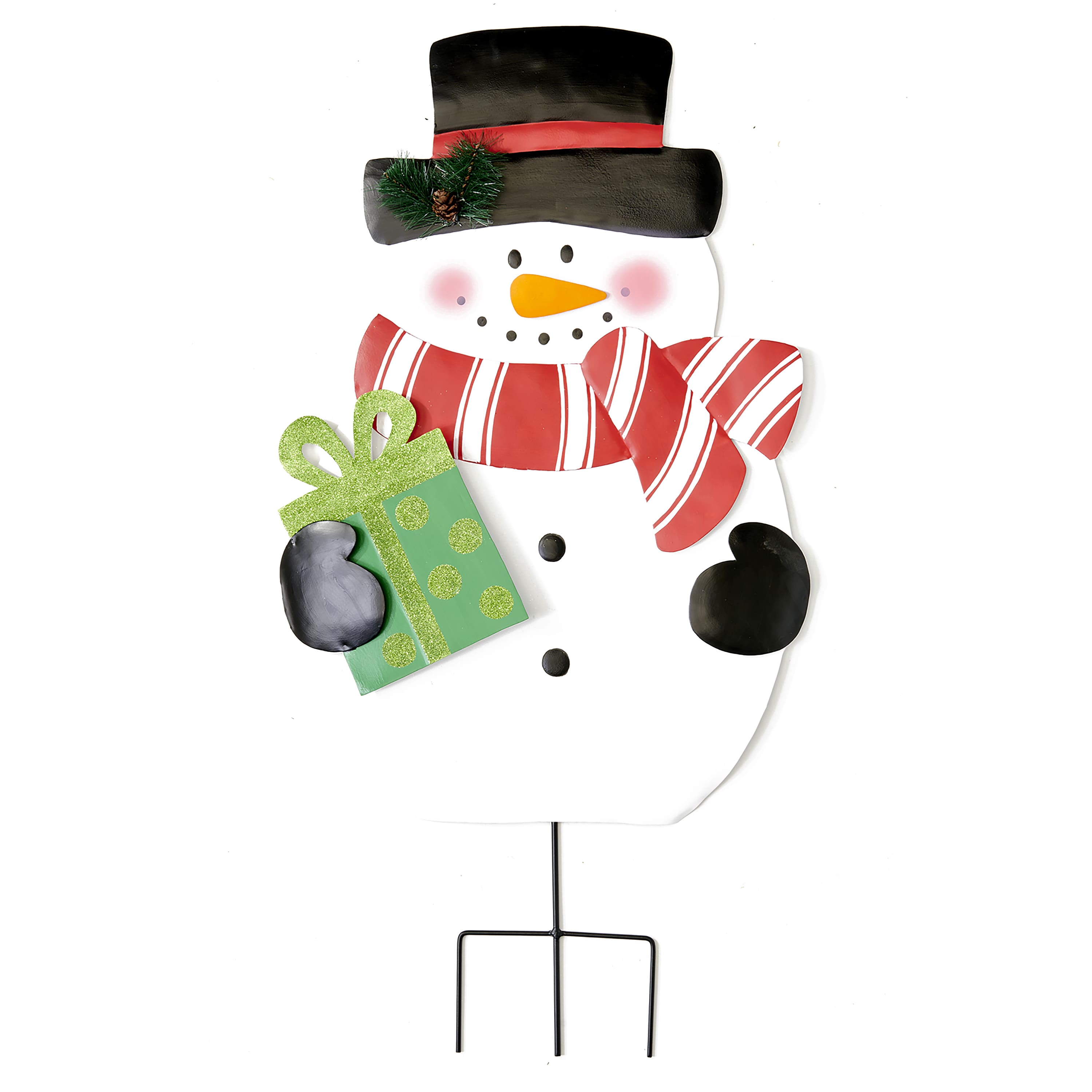 31" Christmas Snowman Holding Gift Metal Yard Stake