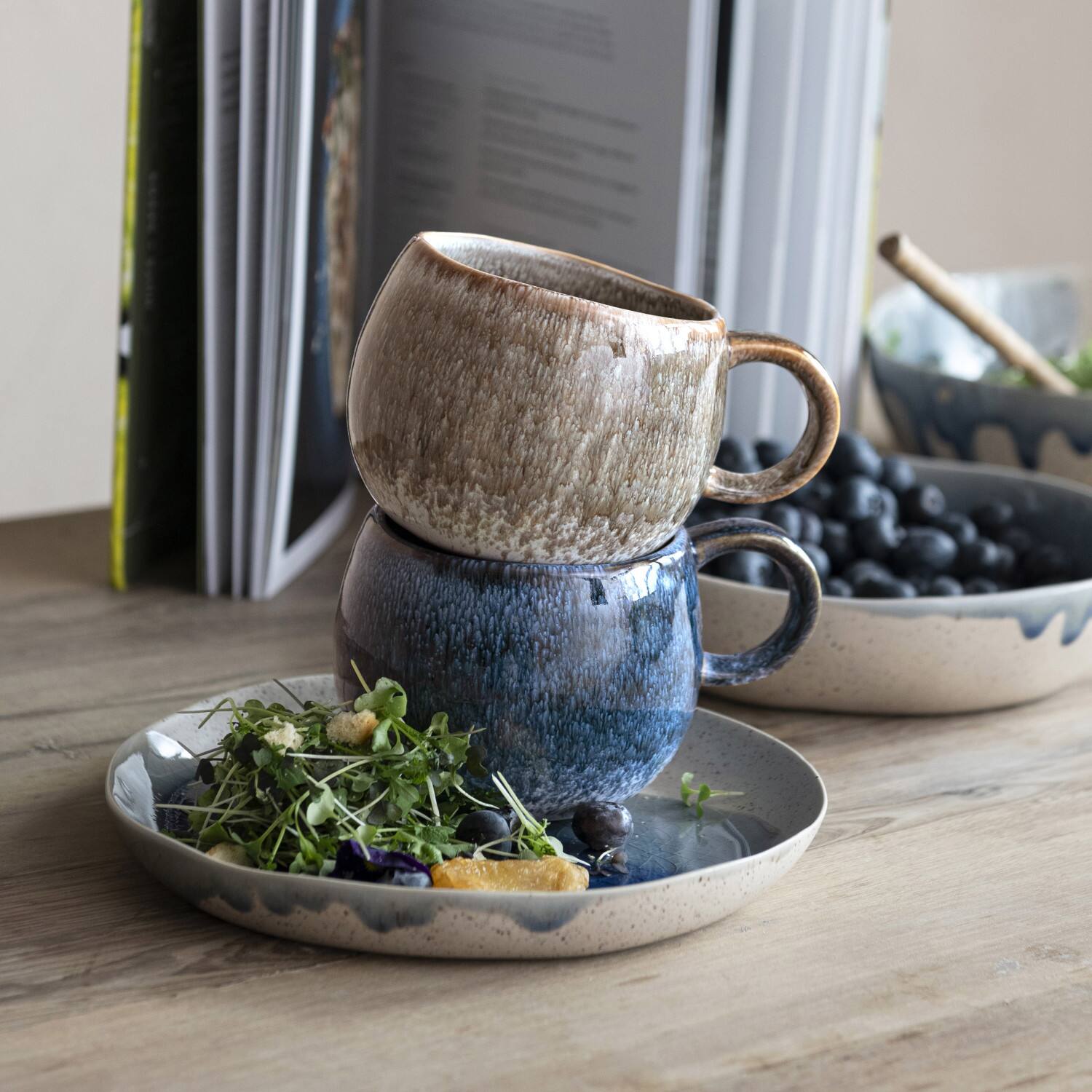 Hello Honey® 16oz. Brown & Blue Round Stoneware Mug Set, 2ct.