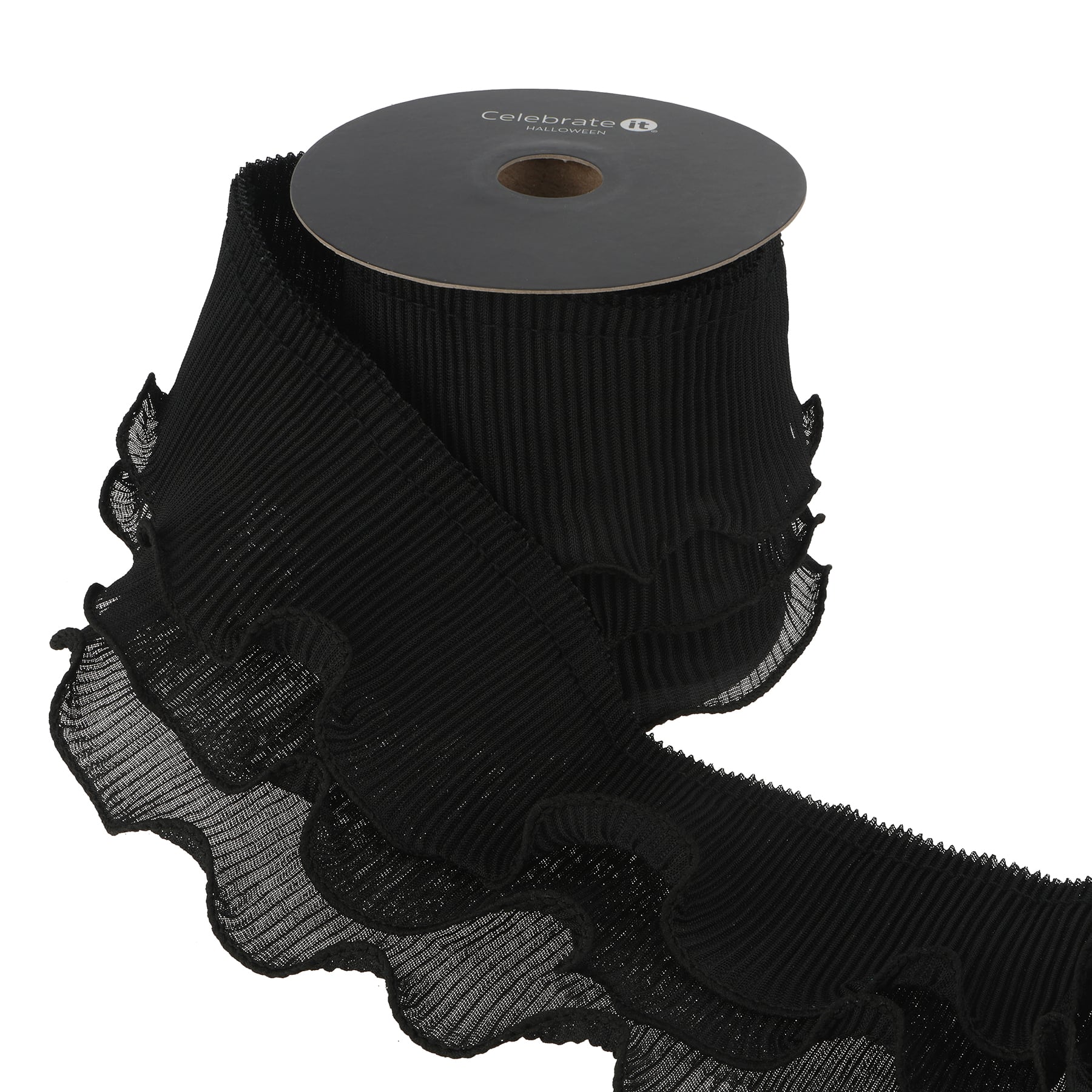 3.7&#x22; x 2yd. Black Pleated Ruffle Ribbon by Celebrate It&#xAE; Halloween
