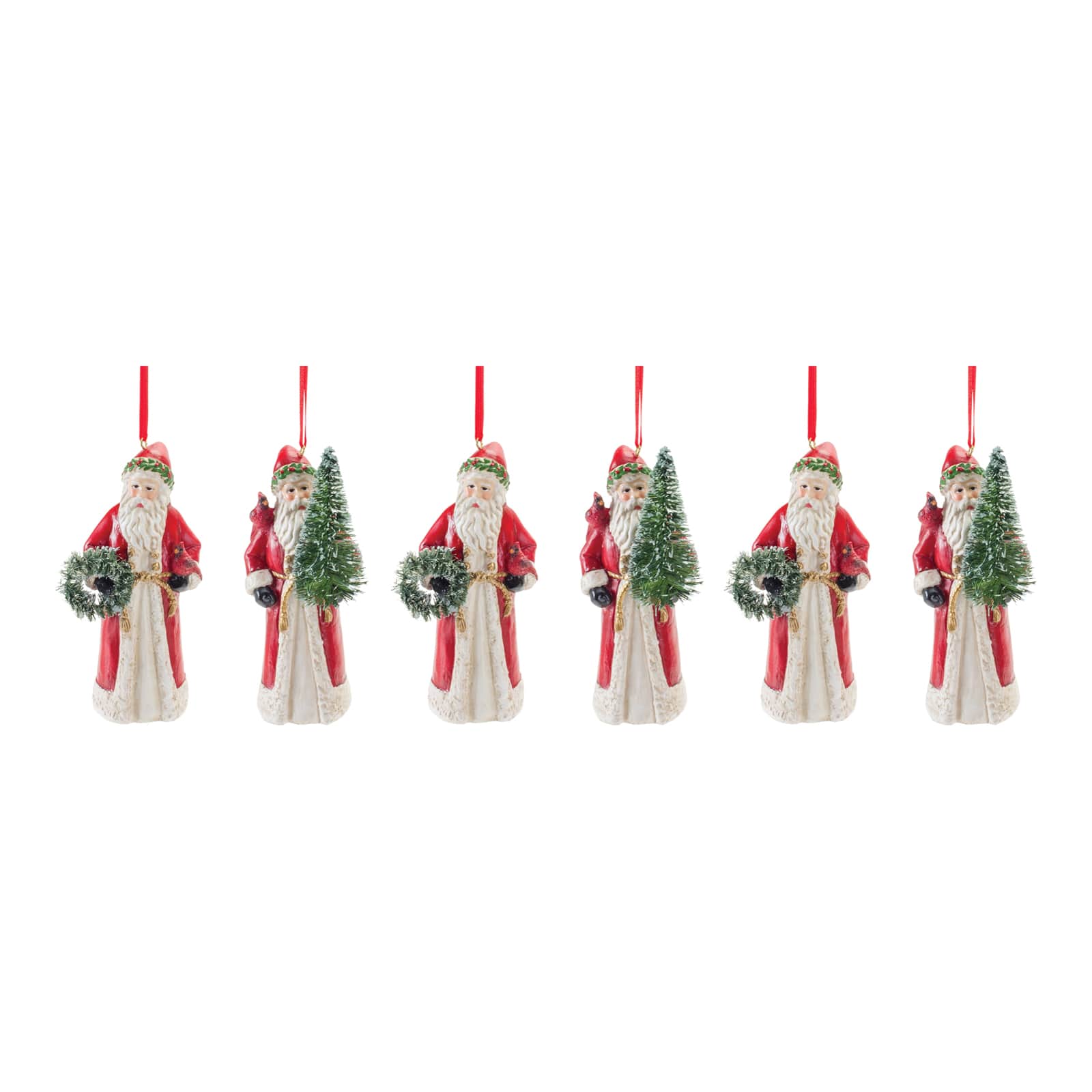Santa with Cardinal Bird Ornament Set