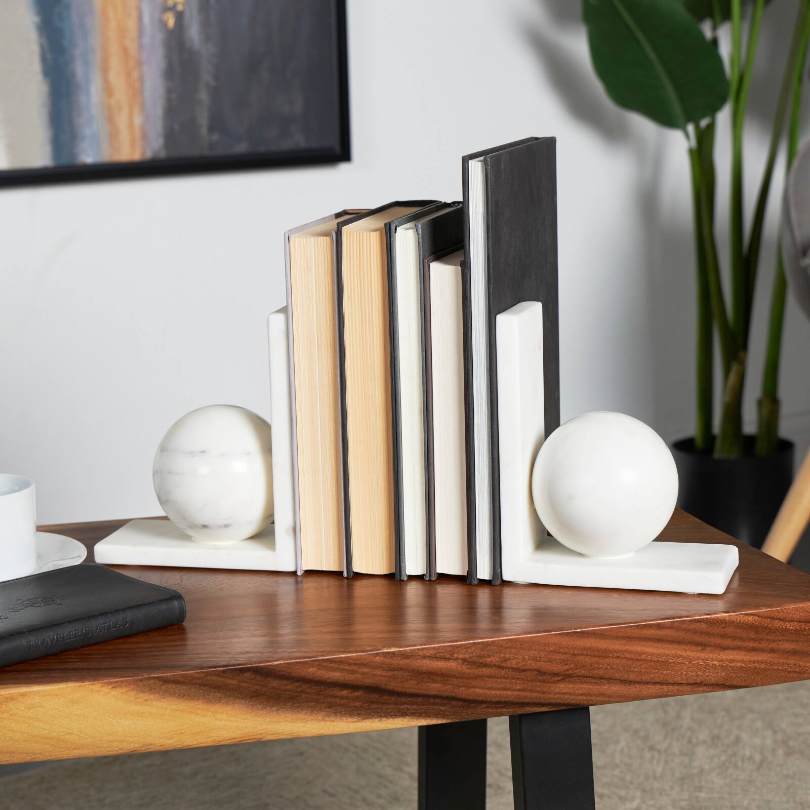 7" White Marble Sleek Orb Geometric Bookends with L-Shaped Bases Set