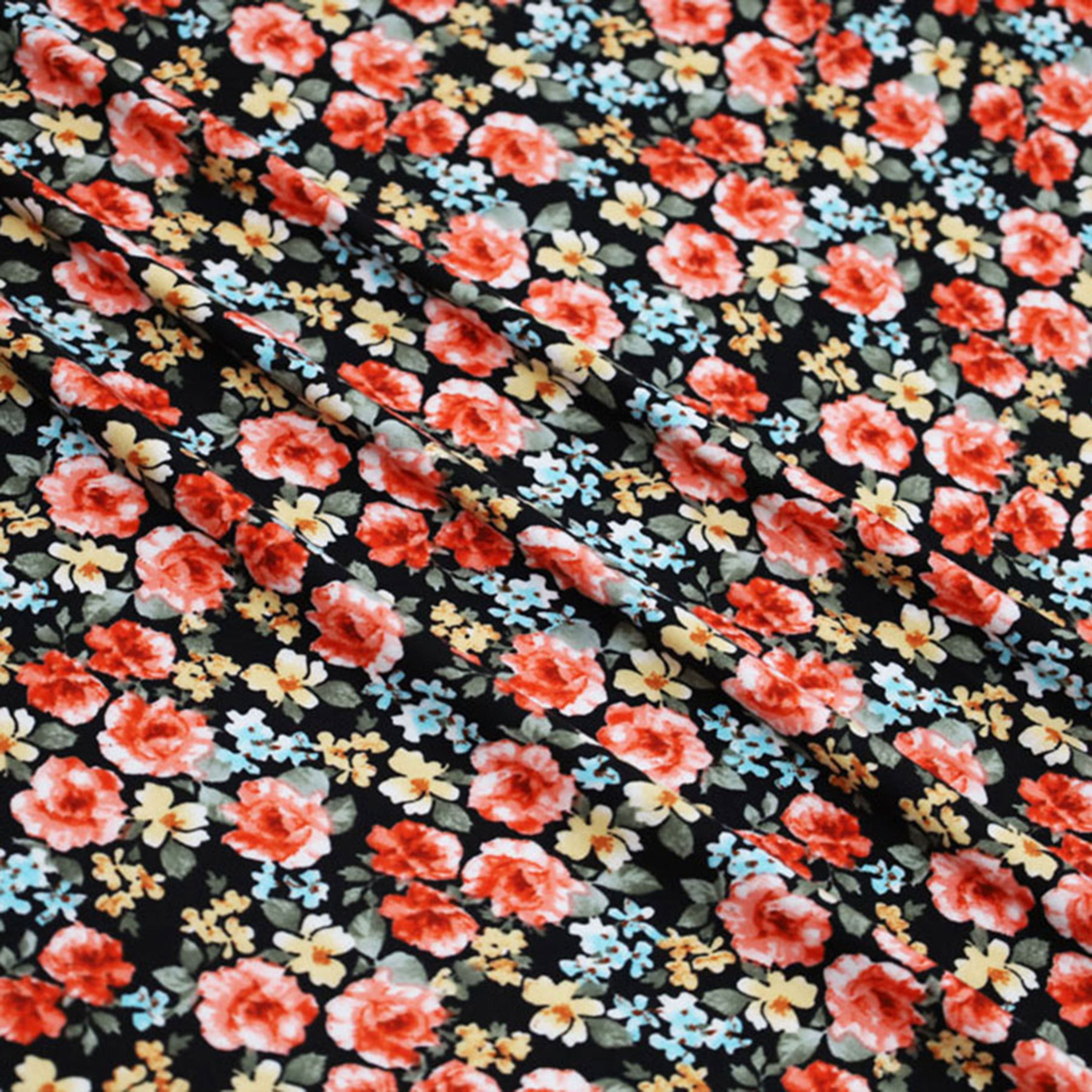 Fabric Merchants Flowers on Black Double Brushed Stretch Fabric