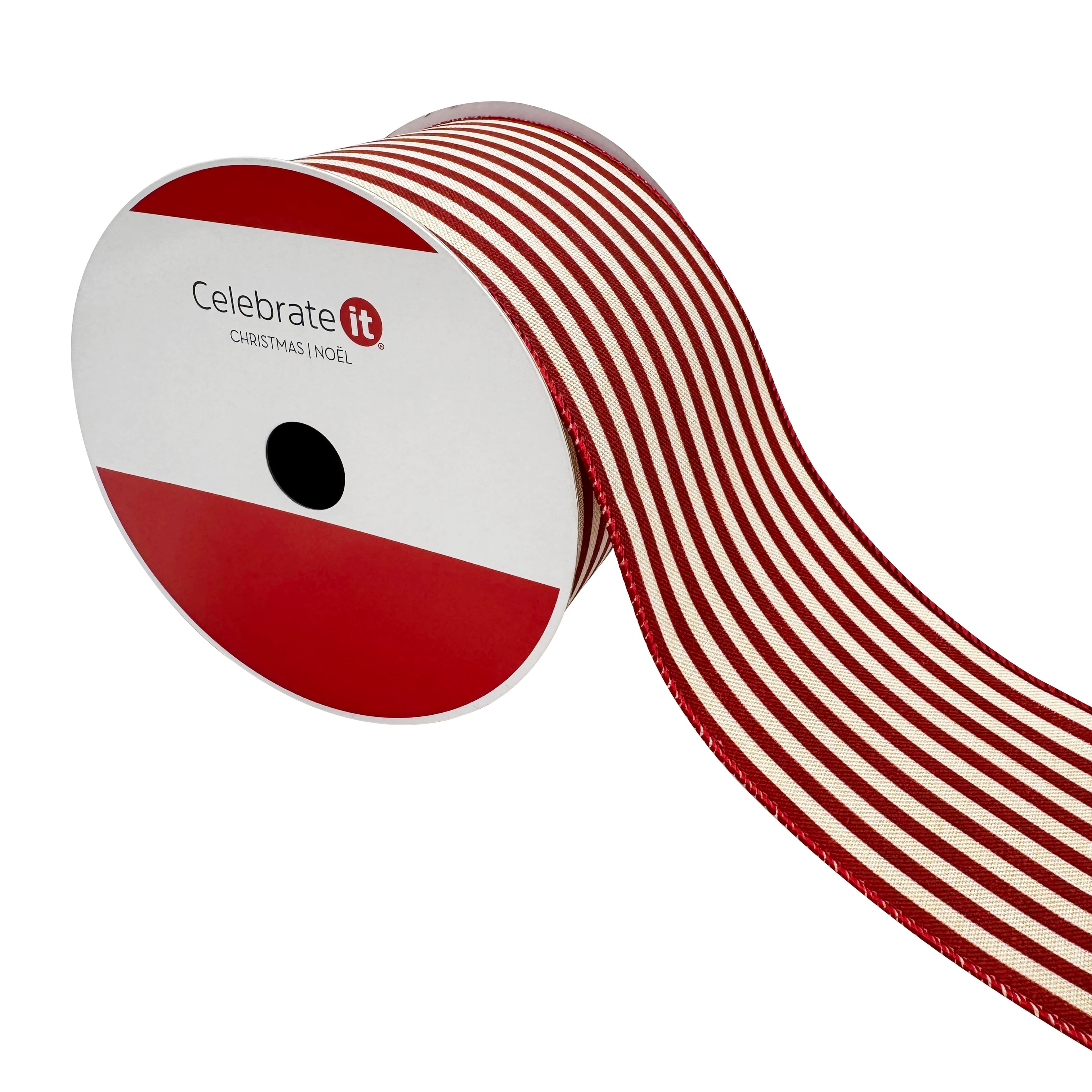3.5&#x22; x 25ft. Red Ticking Wired Ribbon by Celebrate It&#xAE;