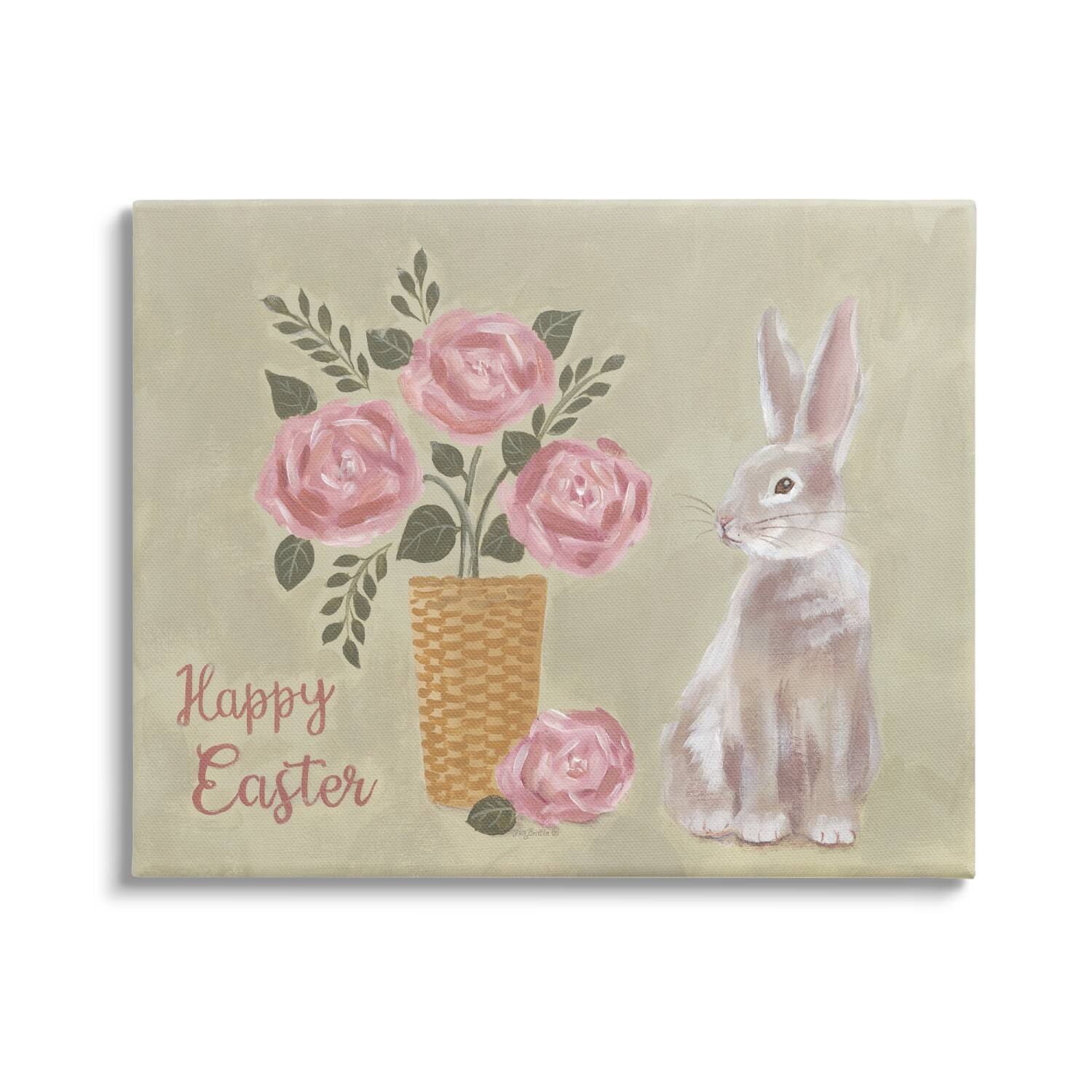 Stupell Industries Happy Easter Bunny Rose Bouquet Canvas Wall Art