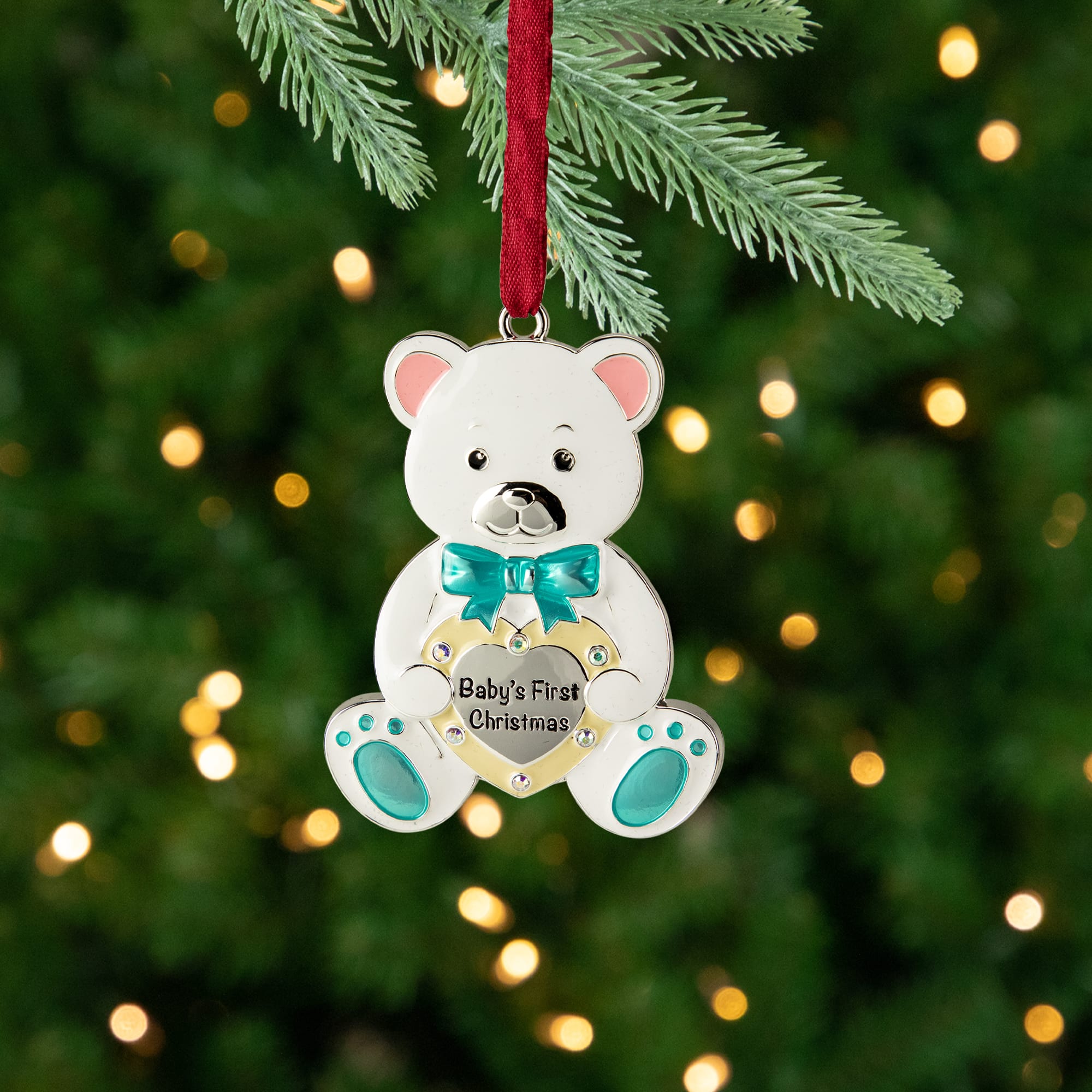 3&#x22; Pastel &#x26; Silver Plated Bear Baby&#x27;s First Christmas Ornament with European Crystals