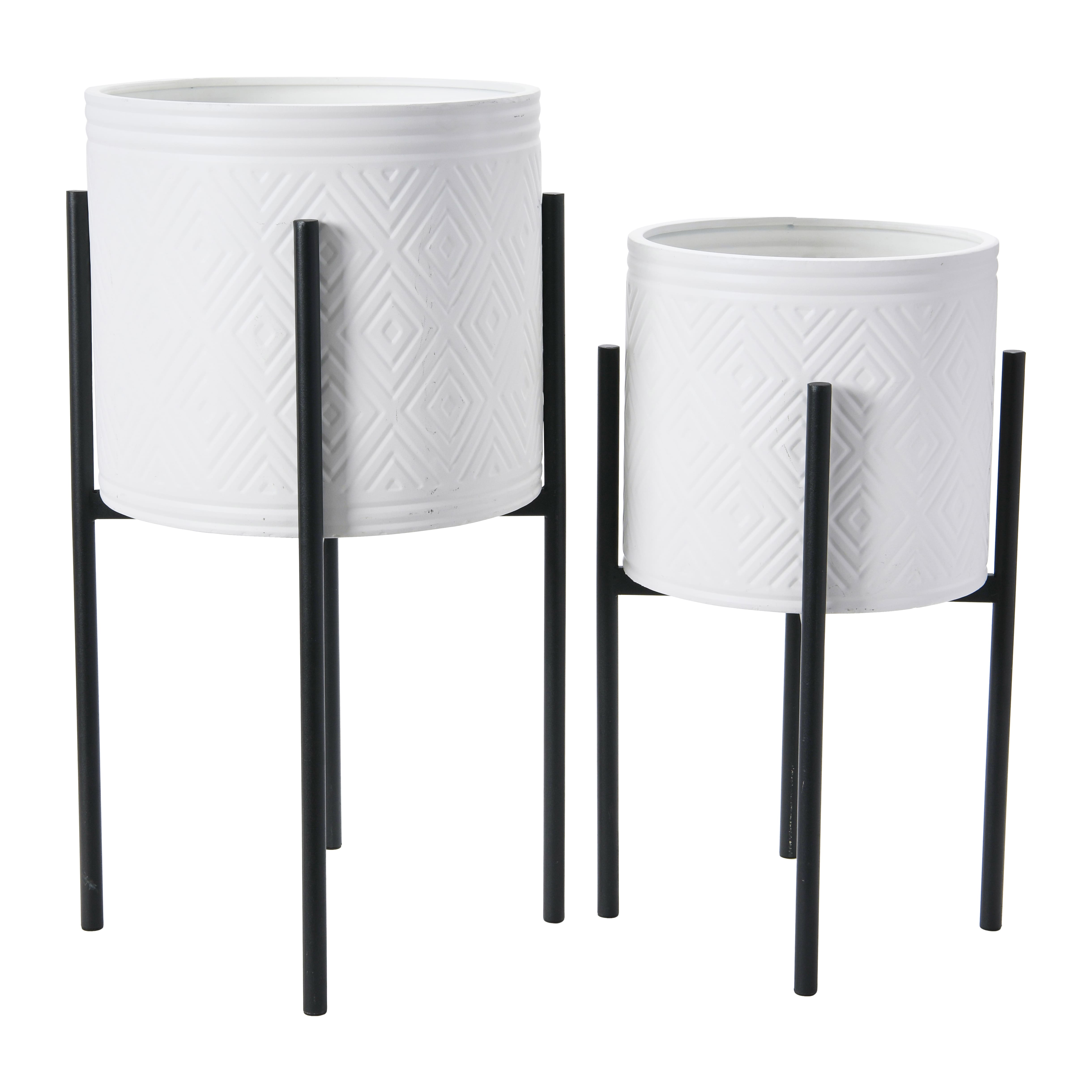White &#x26; Black Boho Embossed Metal Planters with Stands Set